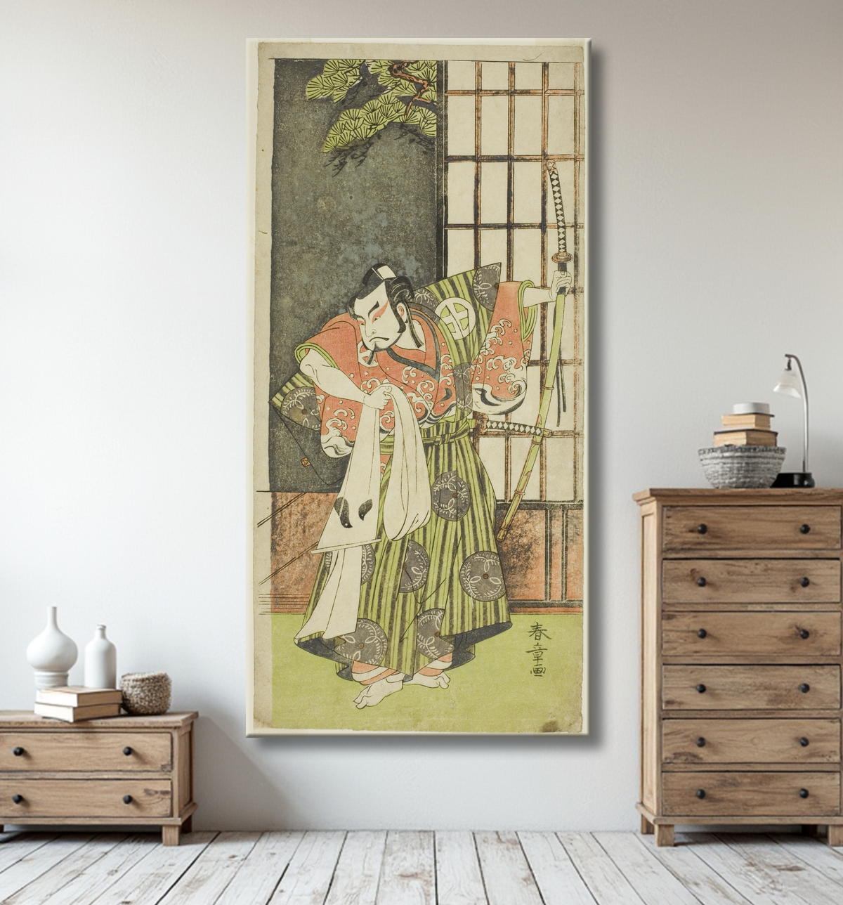 Reproduction L'acteur Otani Hiroji III dans le rôle de Kawazu no Saburo dans la pièce Myoto-giku Izu no Kisewata, jouée au théâtre Ichimura le onzième mois, 1770 de Katsukawa Shunsho avec decor