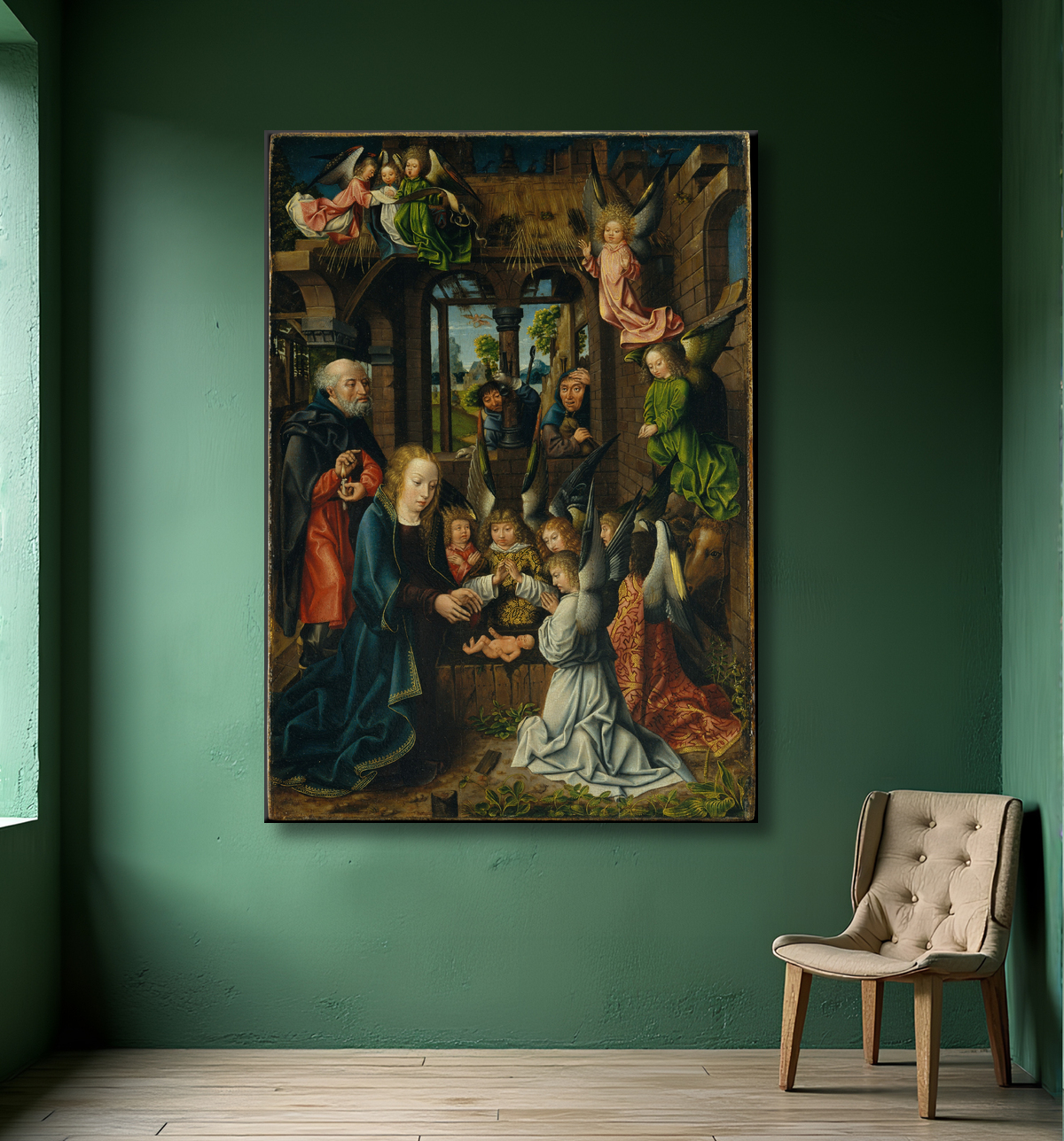 Reproduction L'Adoration de l'Enfant Jésus de Master of Frankfurt avec decor
