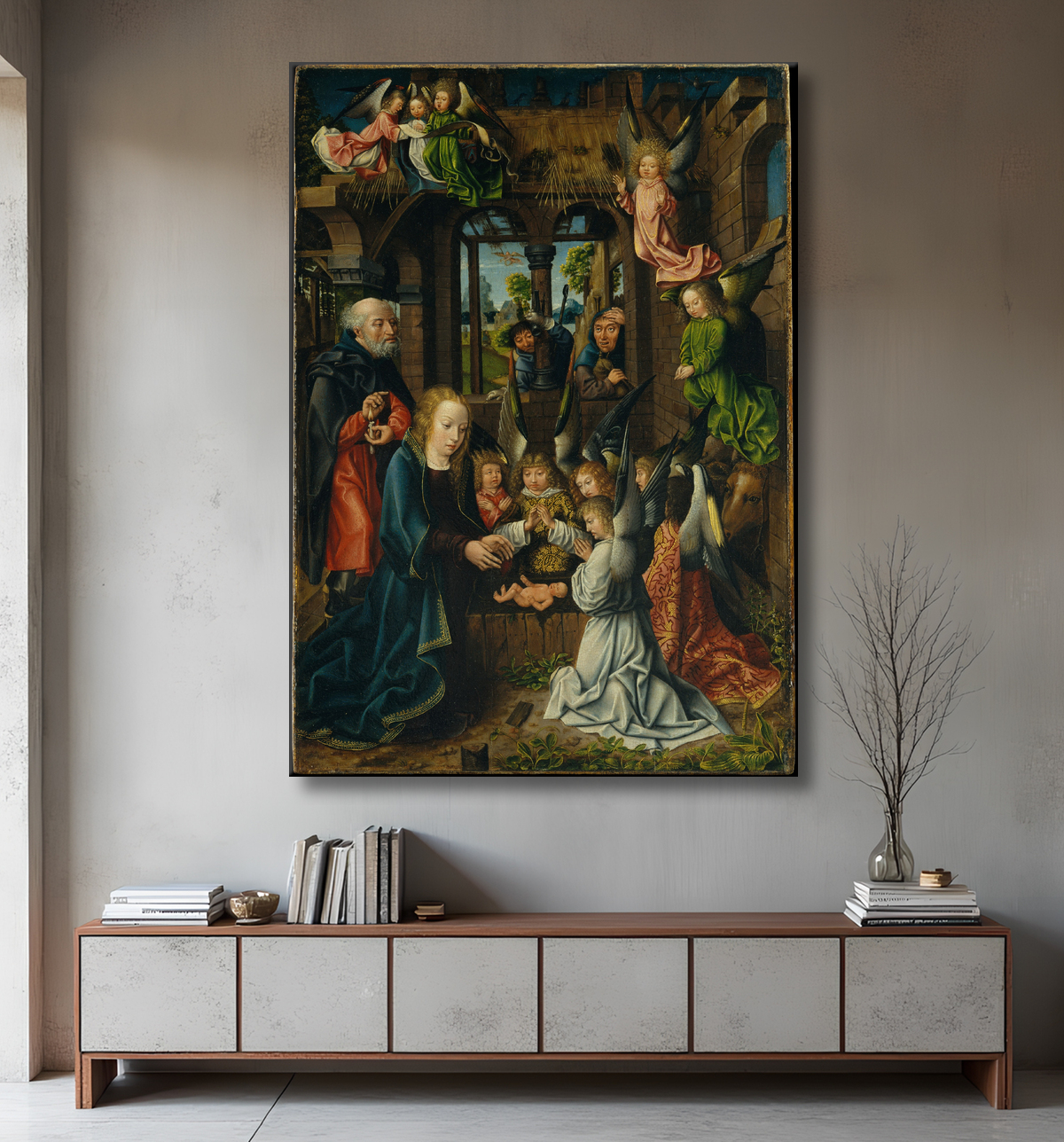 Reproduction L'Adoration de l'Enfant Jésus de Master of Frankfurt avec decor