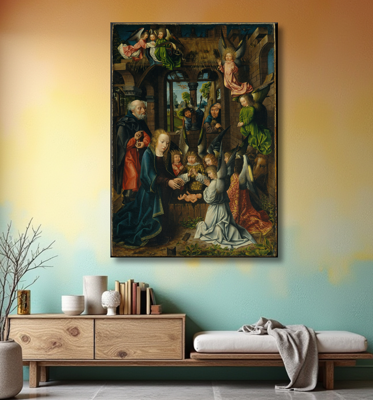 Reproduction L'Adoration de l'Enfant Jésus de Master of Frankfurt avec decor