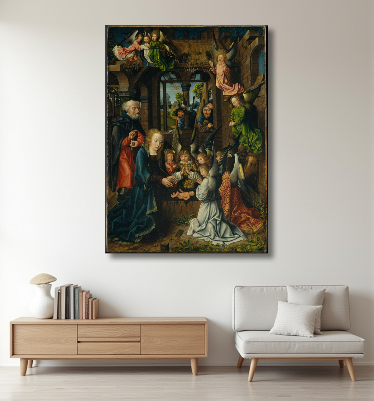 Reproduction L'Adoration de l'Enfant Jésus de Master of Frankfurt avec decor