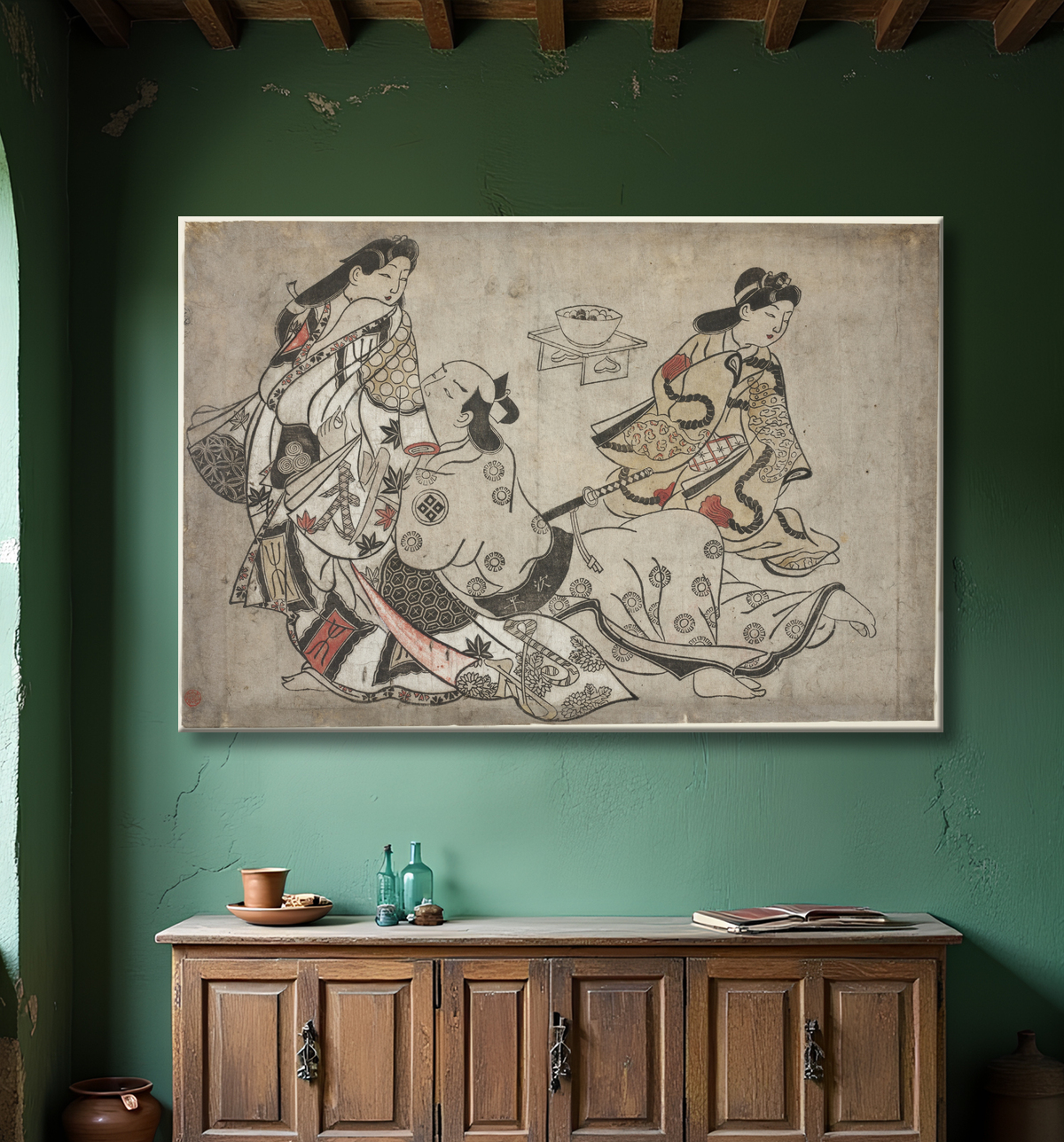Reproduction L'amant insistant, d'une série sans titre d'estampes érotiques de Sugimura Jihei avec decor