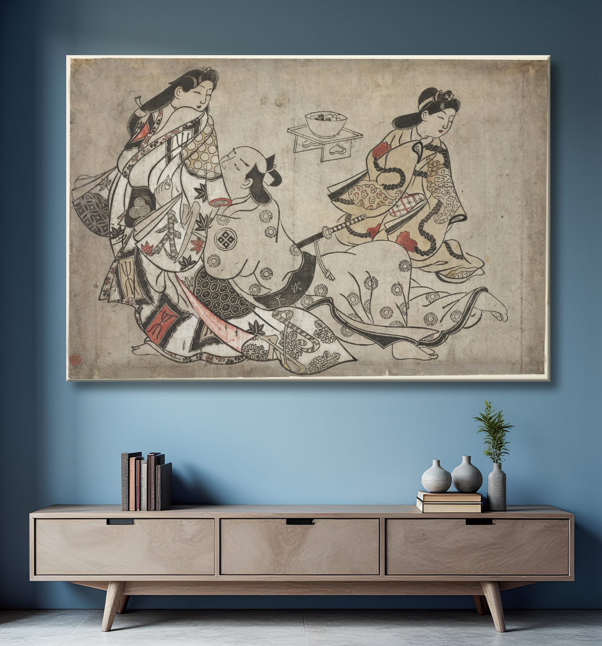 Reproduction L'amant insistant, d'une série sans titre d'estampes érotiques de Sugimura Jihei avec decor