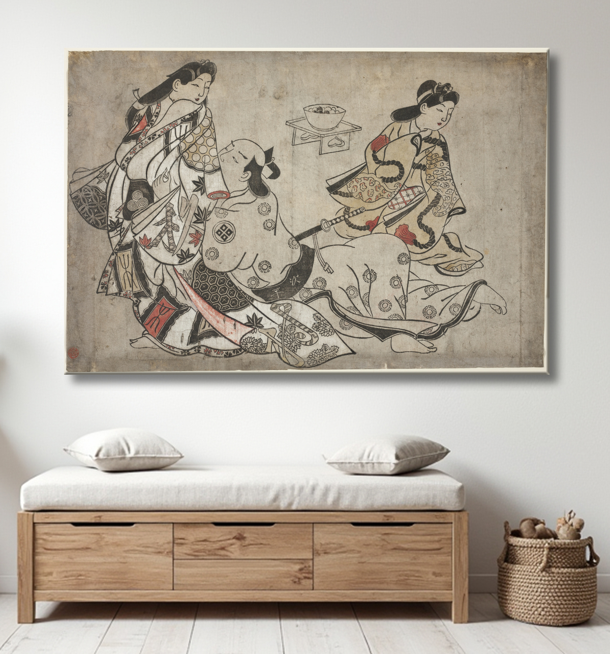 Reproduction L'amant insistant, d'une série sans titre d'estampes érotiques de Sugimura Jihei avec decor