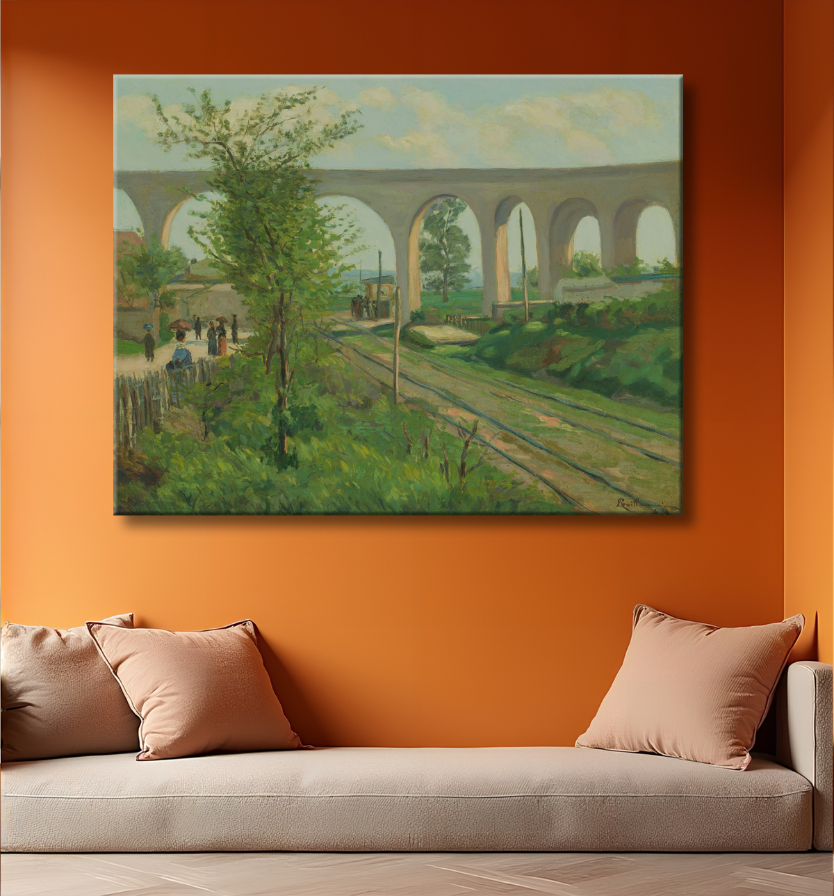Reproduction L'aqueduc d'Arcueil au passage à niveau de Sceaux de Jean Baptiste Armand Guillaumin avec decor