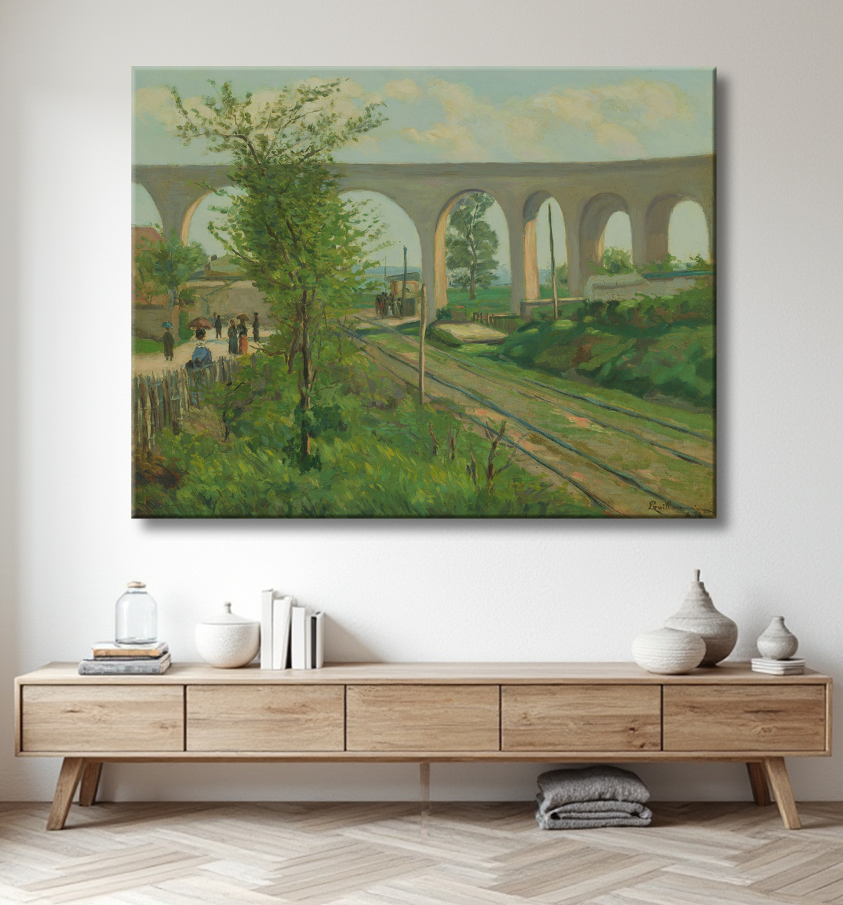 Reproduction L'aqueduc d'Arcueil au passage à niveau de Sceaux de Jean Baptiste Armand Guillaumin avec decor