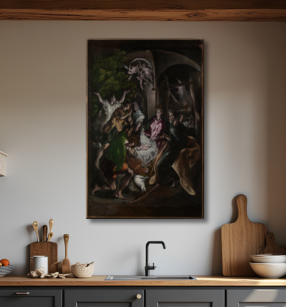 Reproduction L'Adoration des bergers de El Greco (Domenikos Theotokopoulos) avec decor