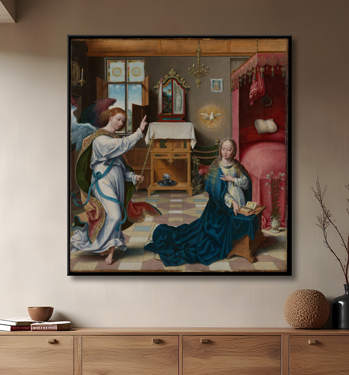 Reproduction L'Annonciation de Joos van Cleve avec decor