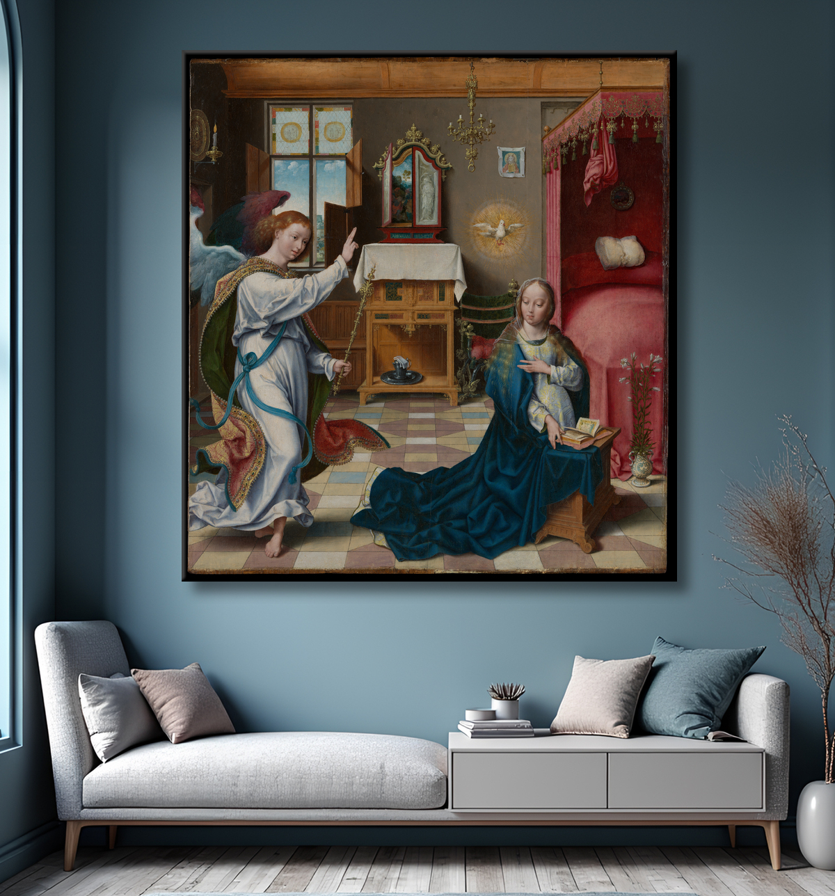Reproduction L'Annonciation de Joos van Cleve avec decor