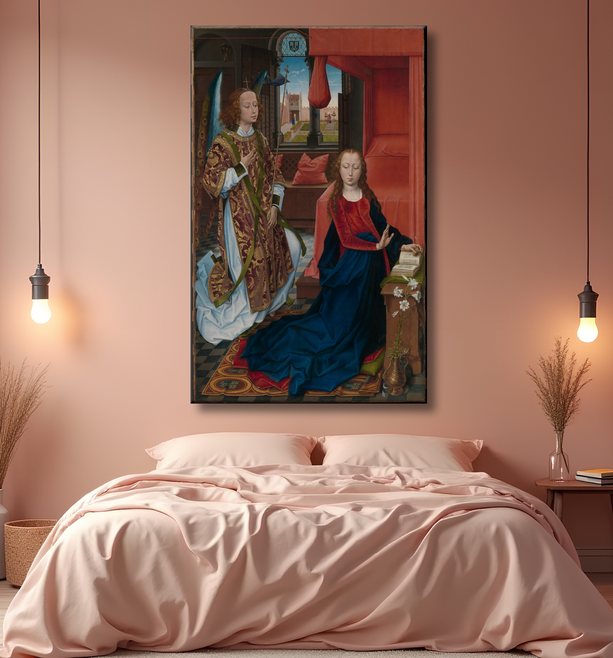 Reproduction L'Annonciation de Hans Memling avec decor