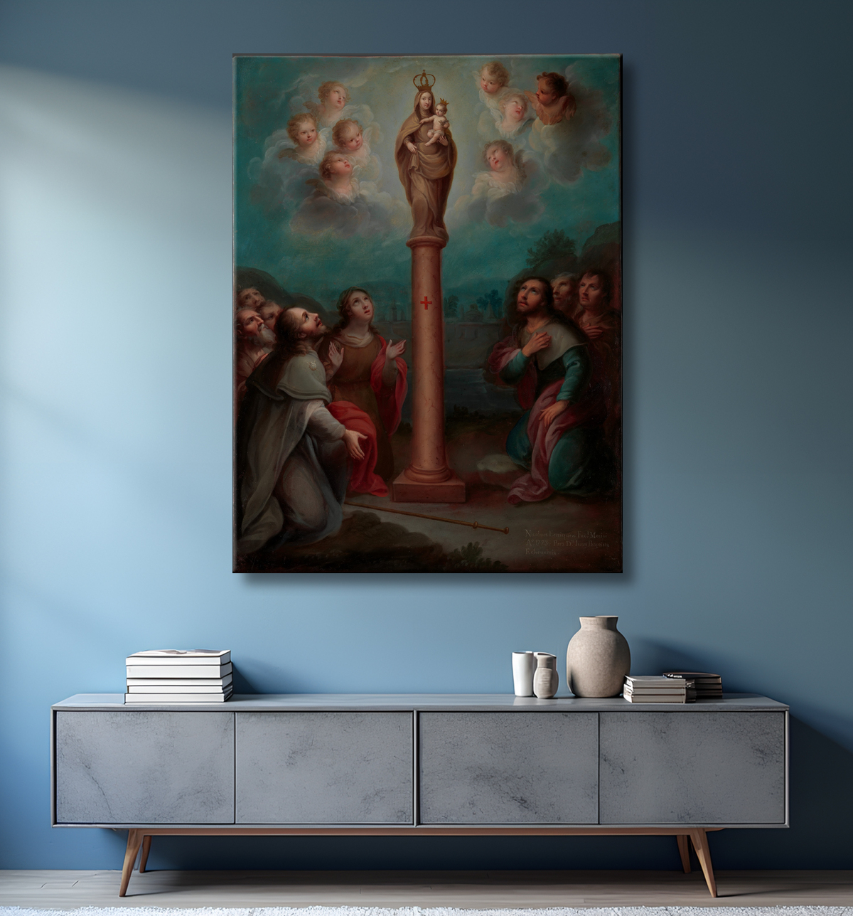 Reproduction L'apparition de la Vierge du Pilar à saint Jacques de Nicolás Enríquez avec decor