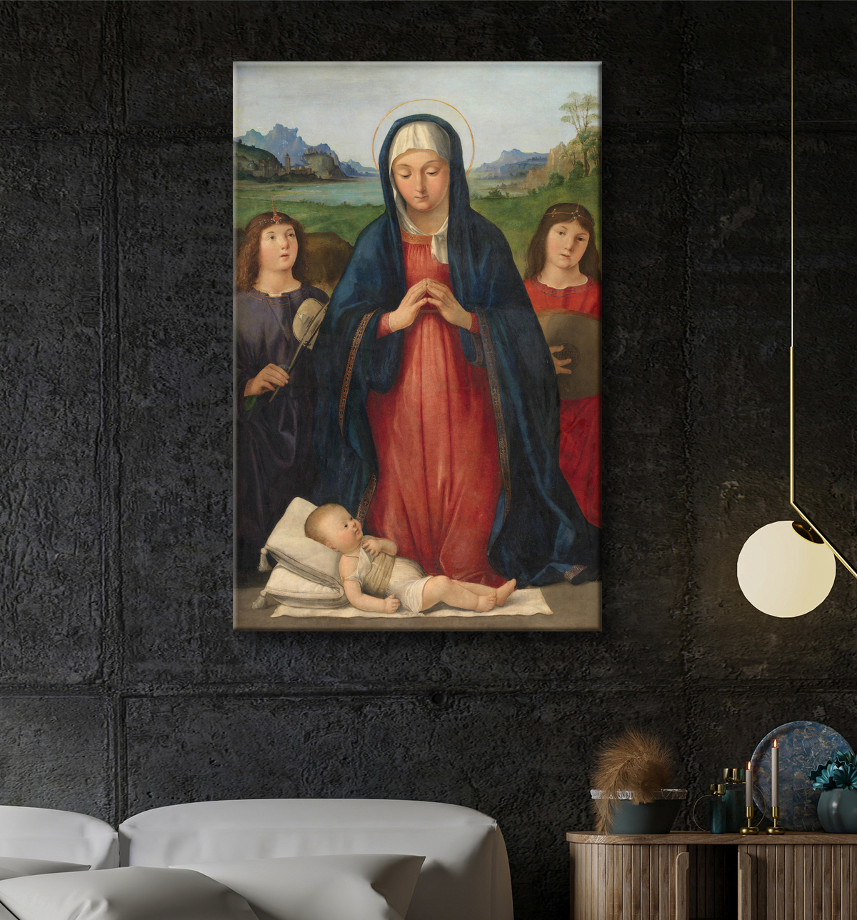 Reproduction L'Enfant Jésus adoré par Marie de Solario, Antonio avec decor