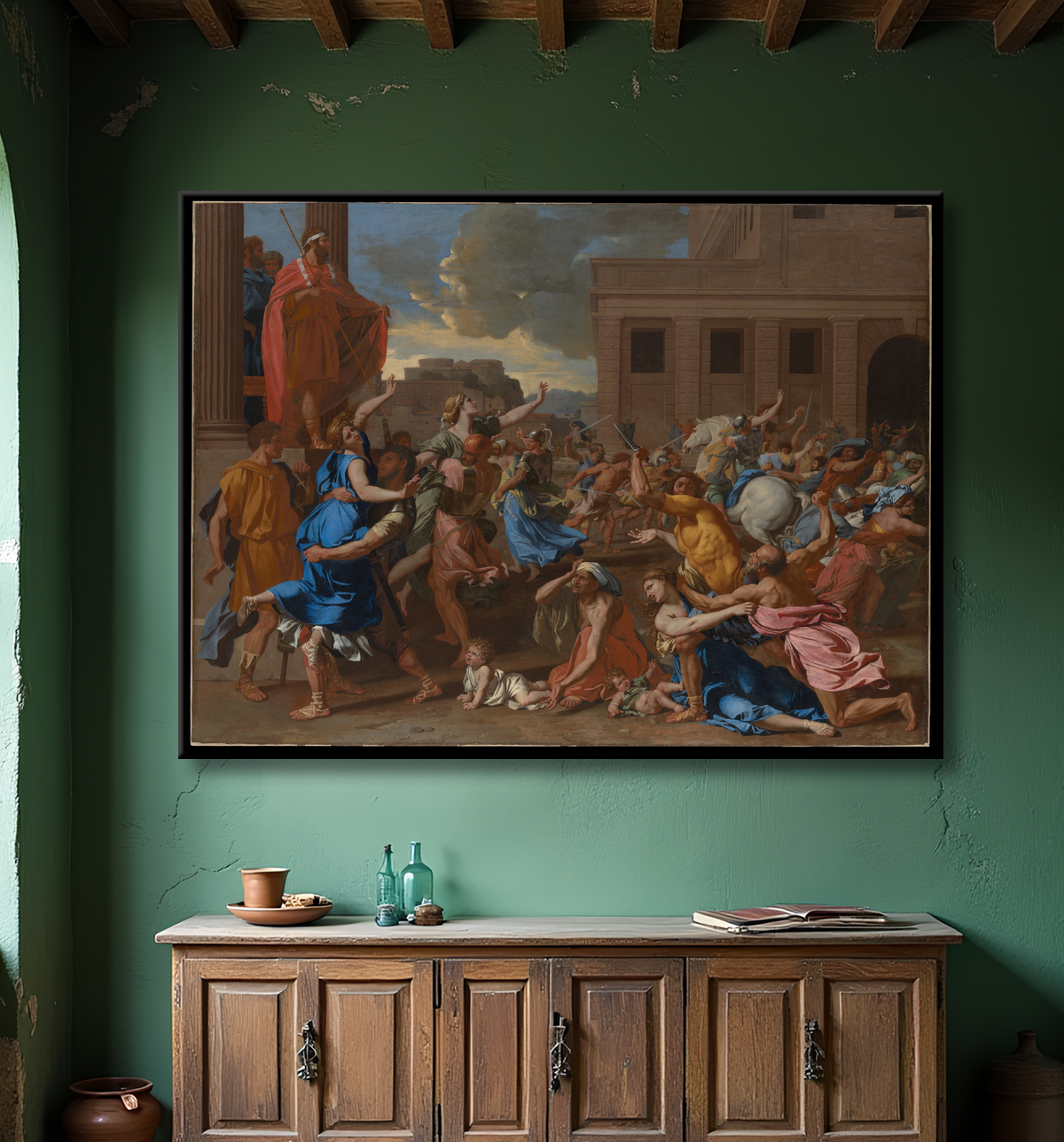 Reproduction L'enlèvement des femmes sabines de Nicolas Poussin avec decor