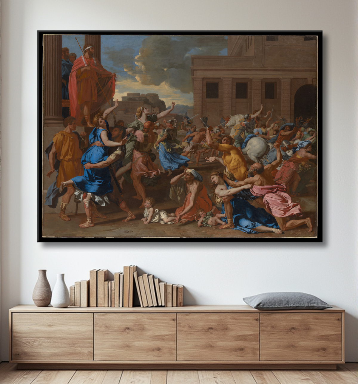 Reproduction L'enlèvement des femmes sabines de Nicolas Poussin avec decor