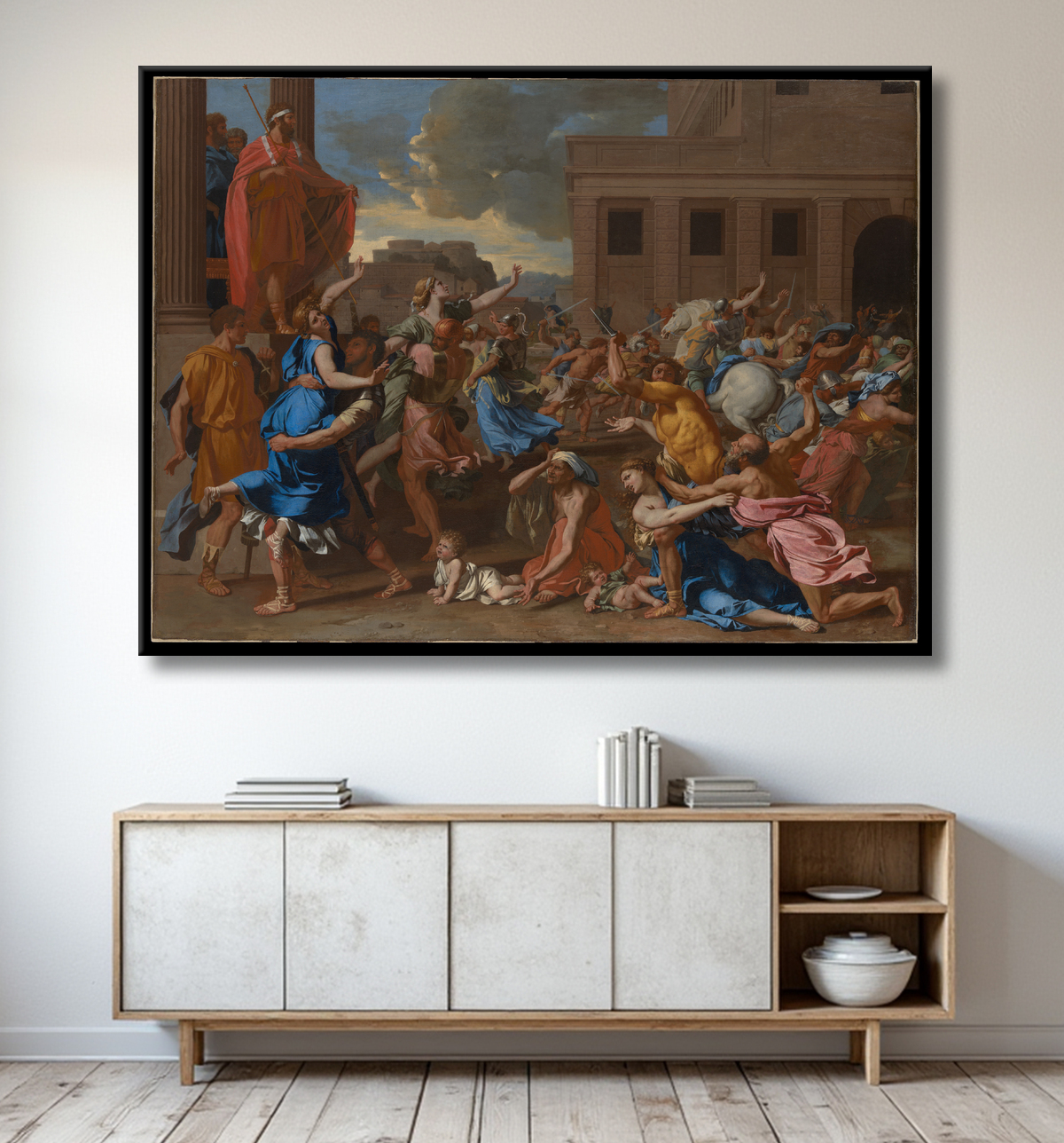 Reproduction L'enlèvement des femmes sabines de Nicolas Poussin avec decor