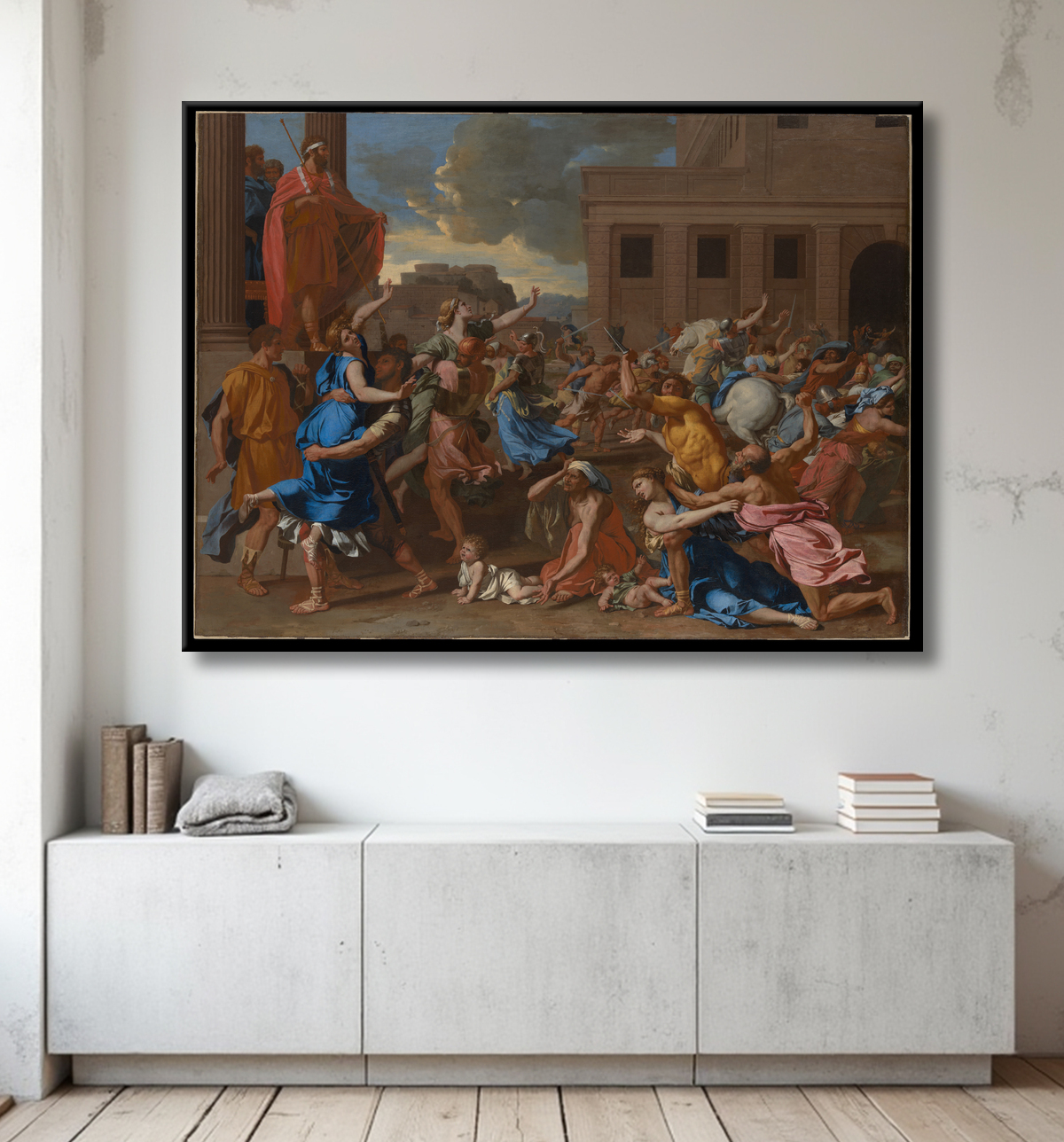Reproduction L'enlèvement des femmes sabines de Nicolas Poussin avec decor
