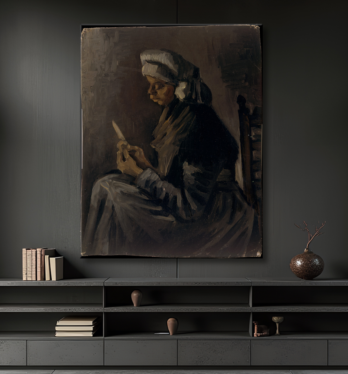 Reproduction L'éplucheur de pommes de terre (revers : Autoportrait au chapeau de paille) de Vincent van Gogh avec decor