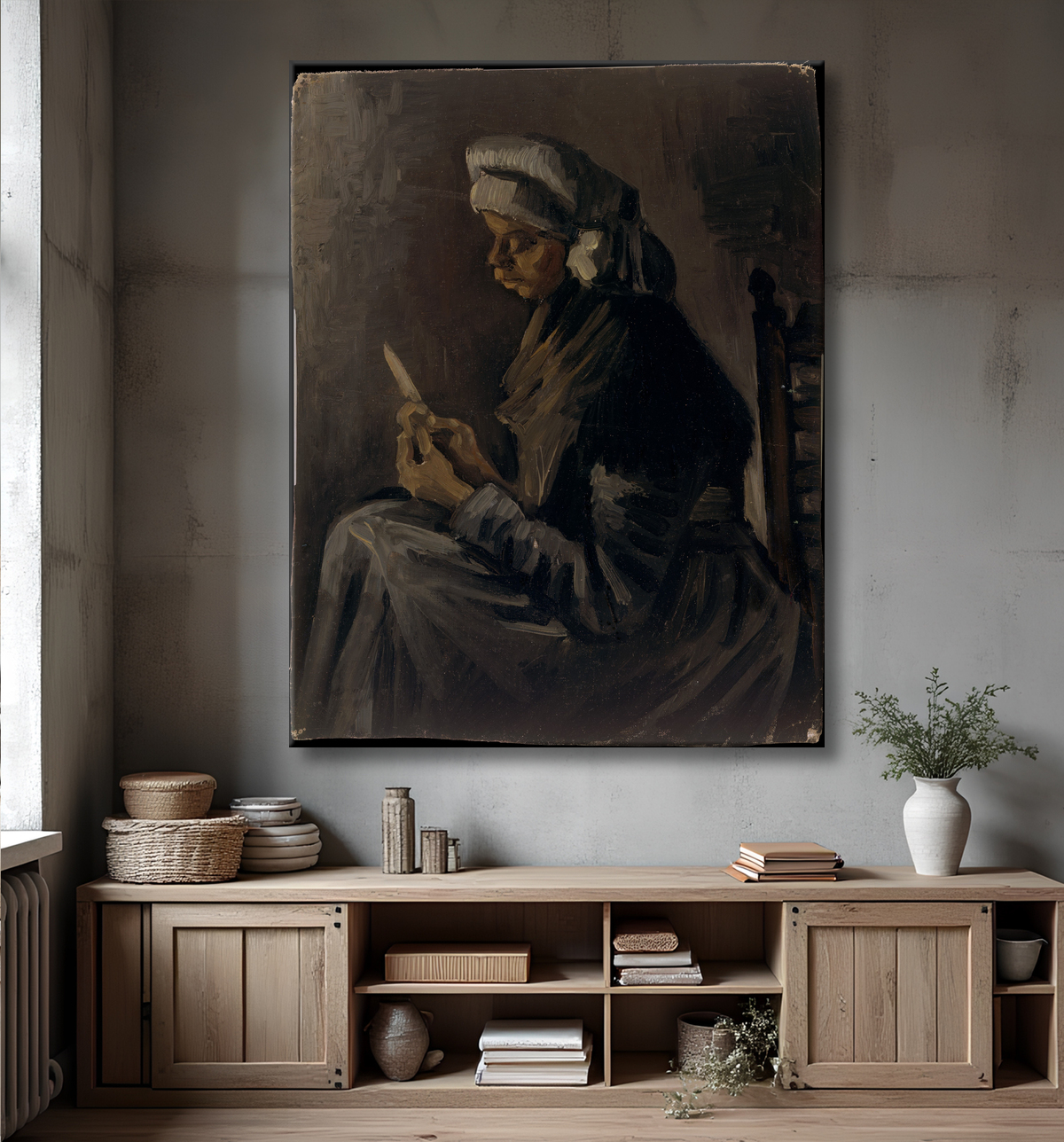 Reproduction L'éplucheur de pommes de terre (revers : Autoportrait au chapeau de paille) de Vincent van Gogh avec decor