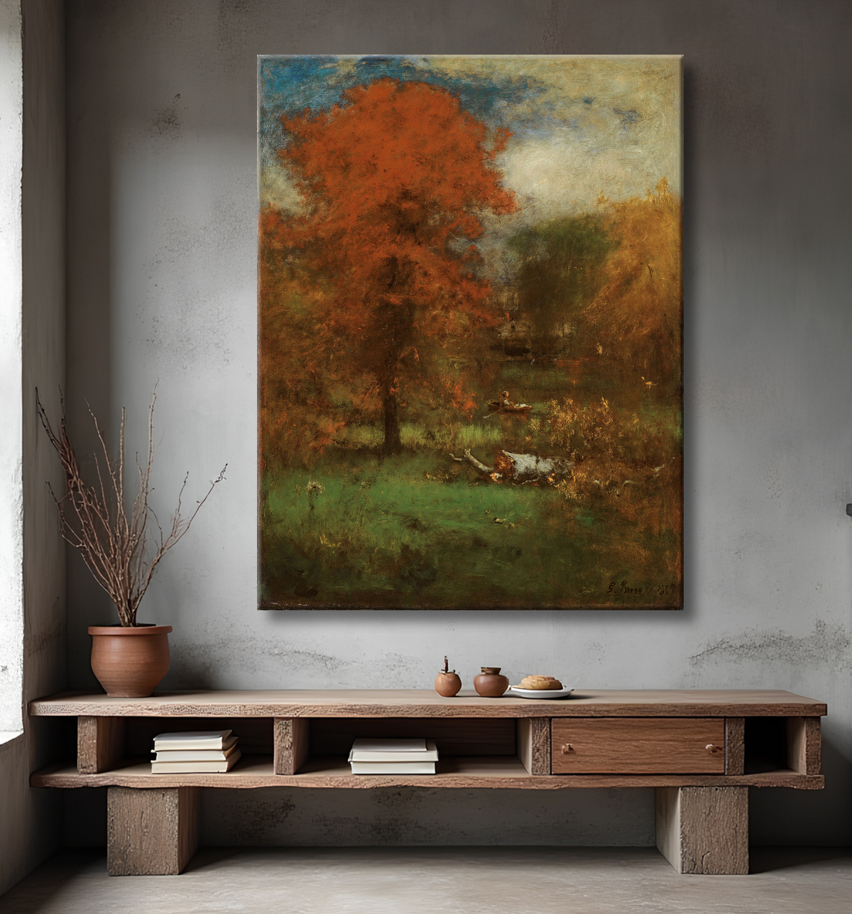 Reproduction L'étang du Moulin de George Inness avec decor