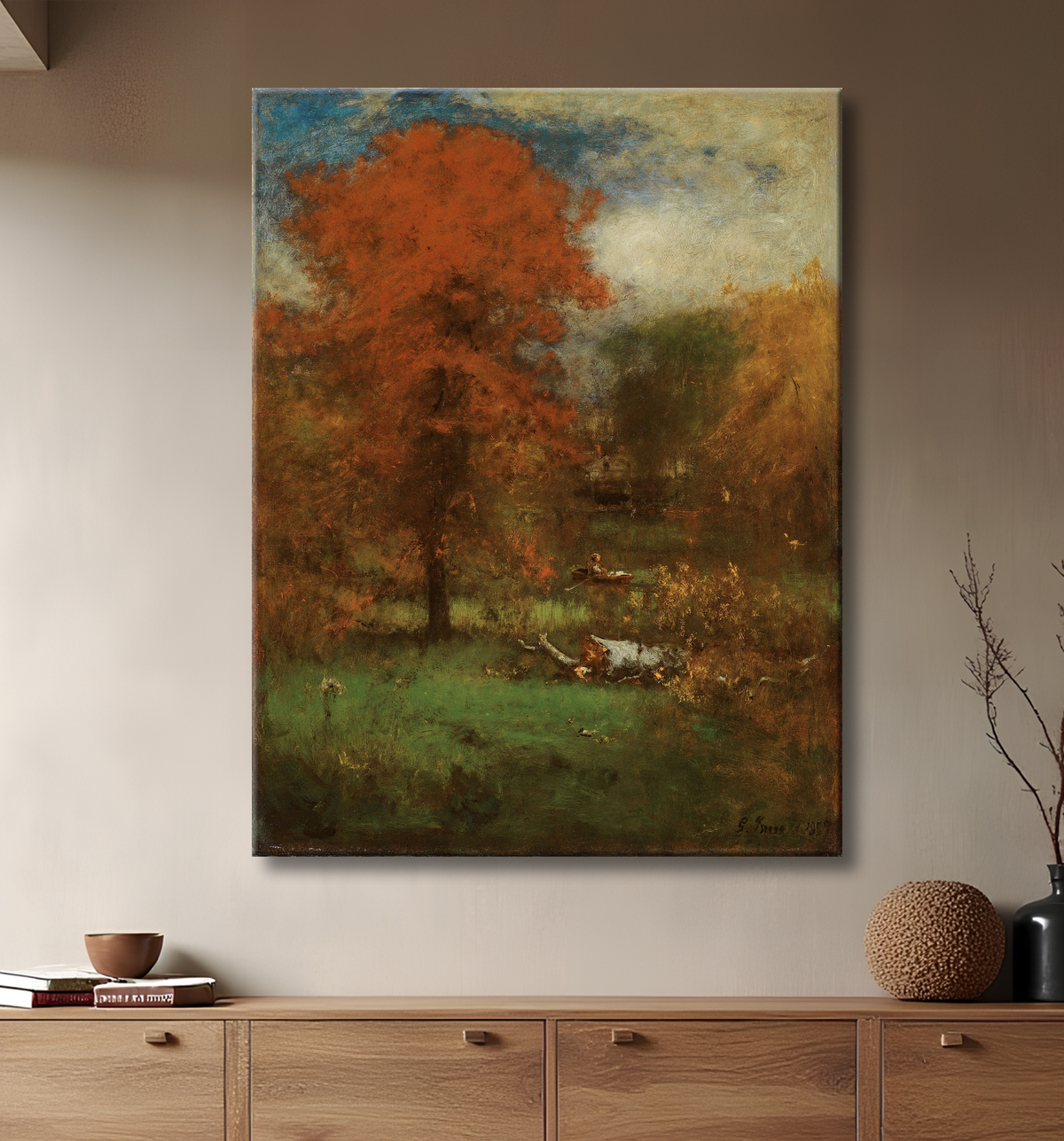 Reproduction L'étang du Moulin de George Inness avec decor