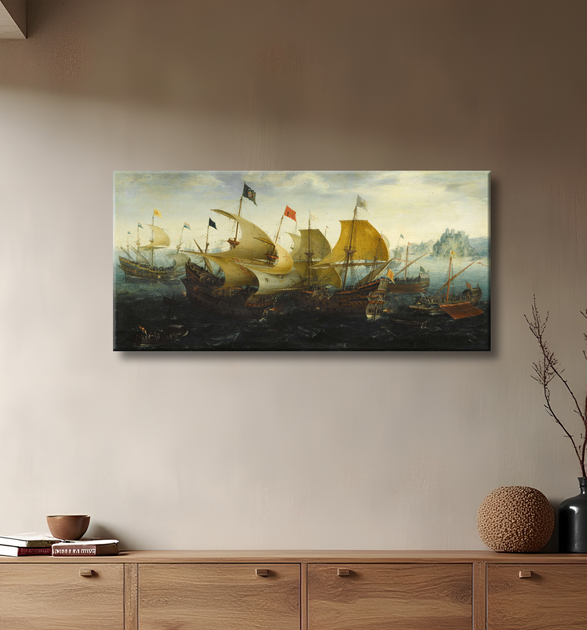 Reproduction La bataille de Cadix (des navires hollandais et anglais attaquent l'armada espagnole) de Aert Anthonisz avec decor