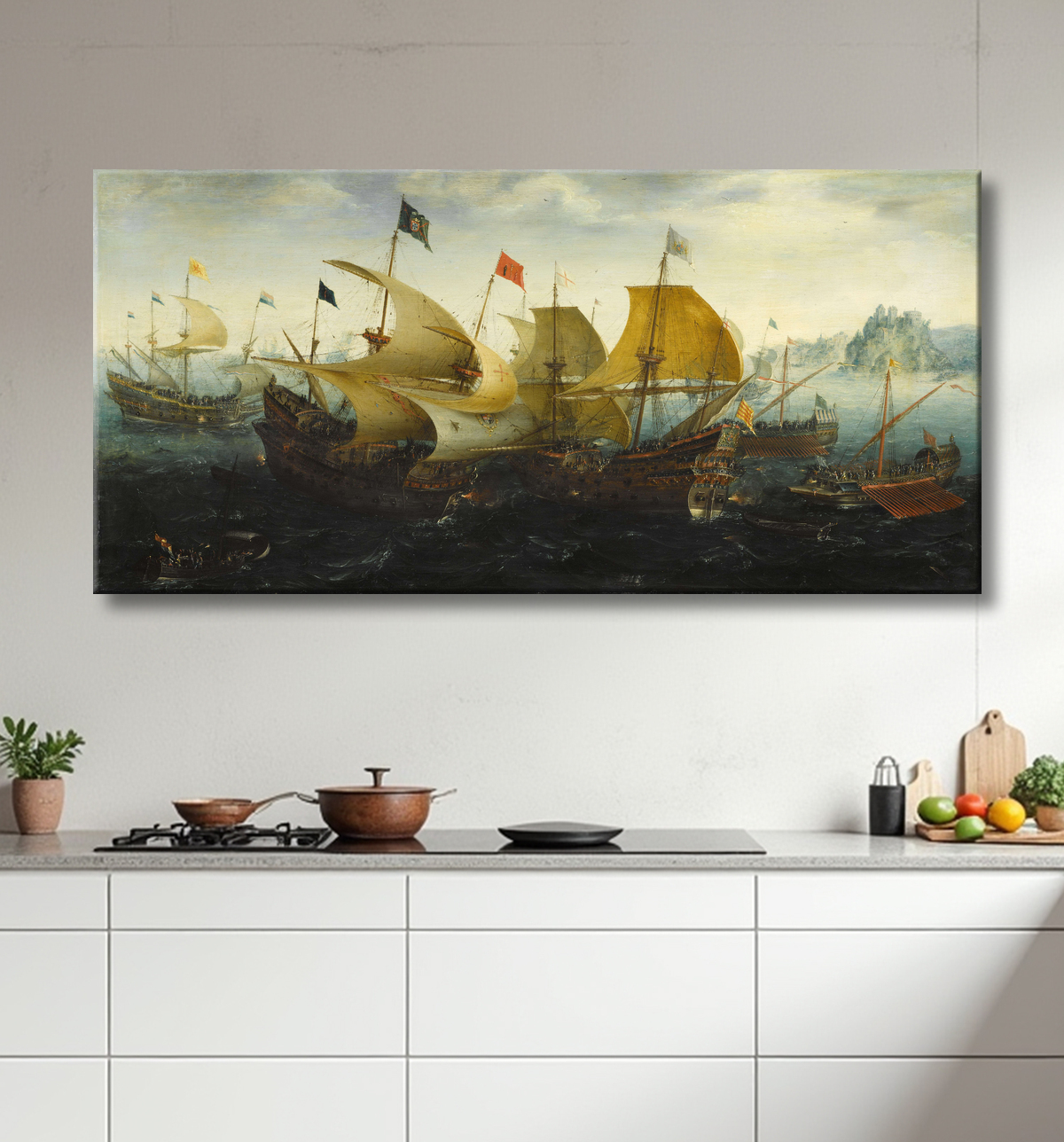 Reproduction La bataille de Cadix (des navires hollandais et anglais attaquent l'armada espagnole) de Aert Anthonisz avec decor