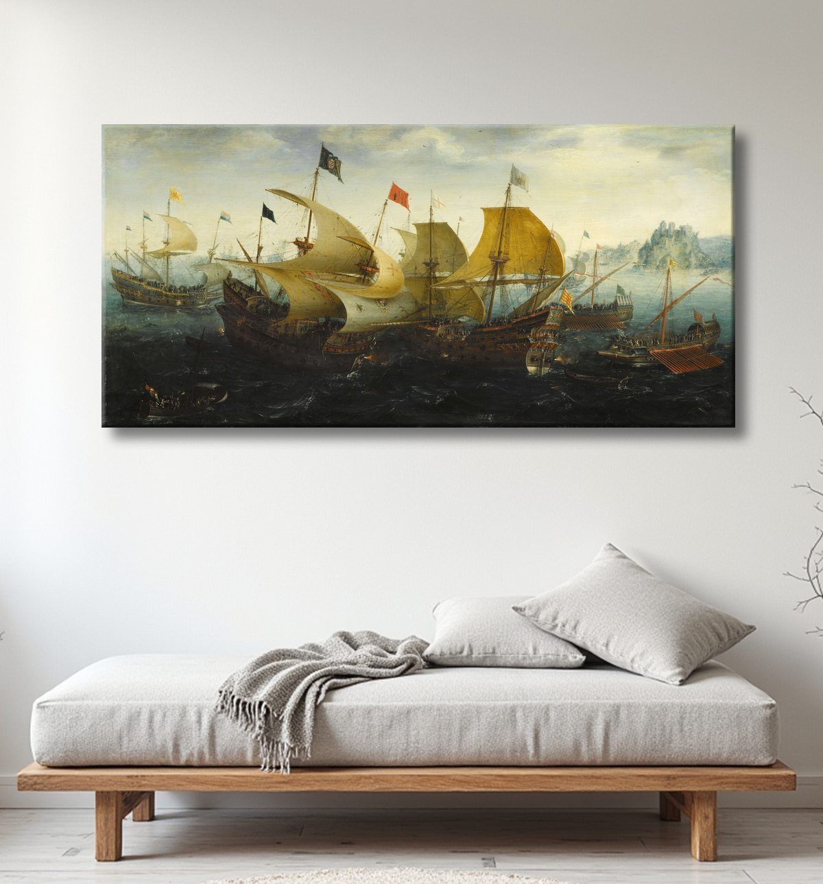 Reproduction La bataille de Cadix (des navires hollandais et anglais attaquent l'armada espagnole) de Aert Anthonisz avec decor