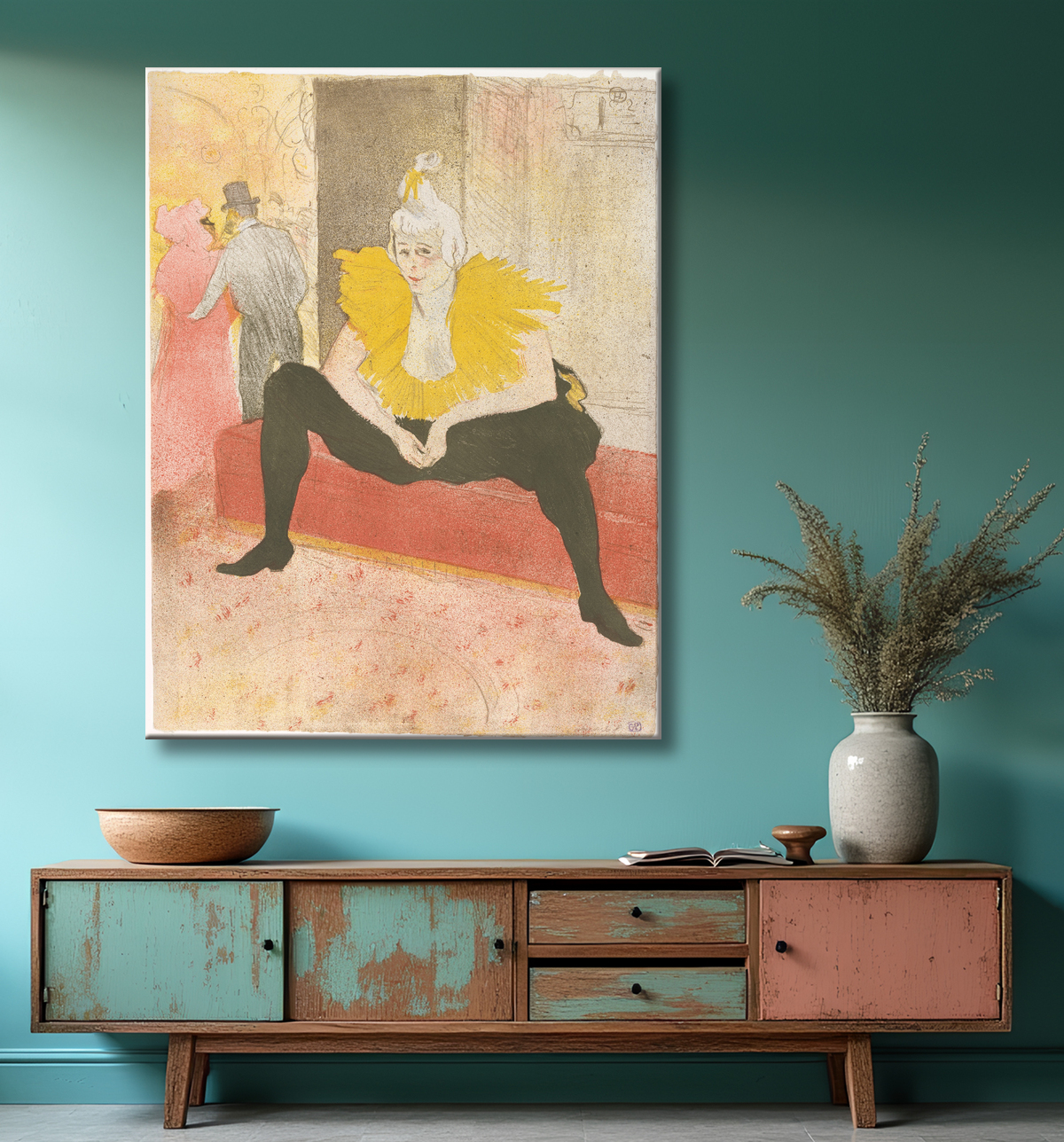 Reproduction La Clowness assise (Mademoiselle Cha-u-ka-o) (de la série Elles) de Henri de Toulouse-Lautrec avec decor
