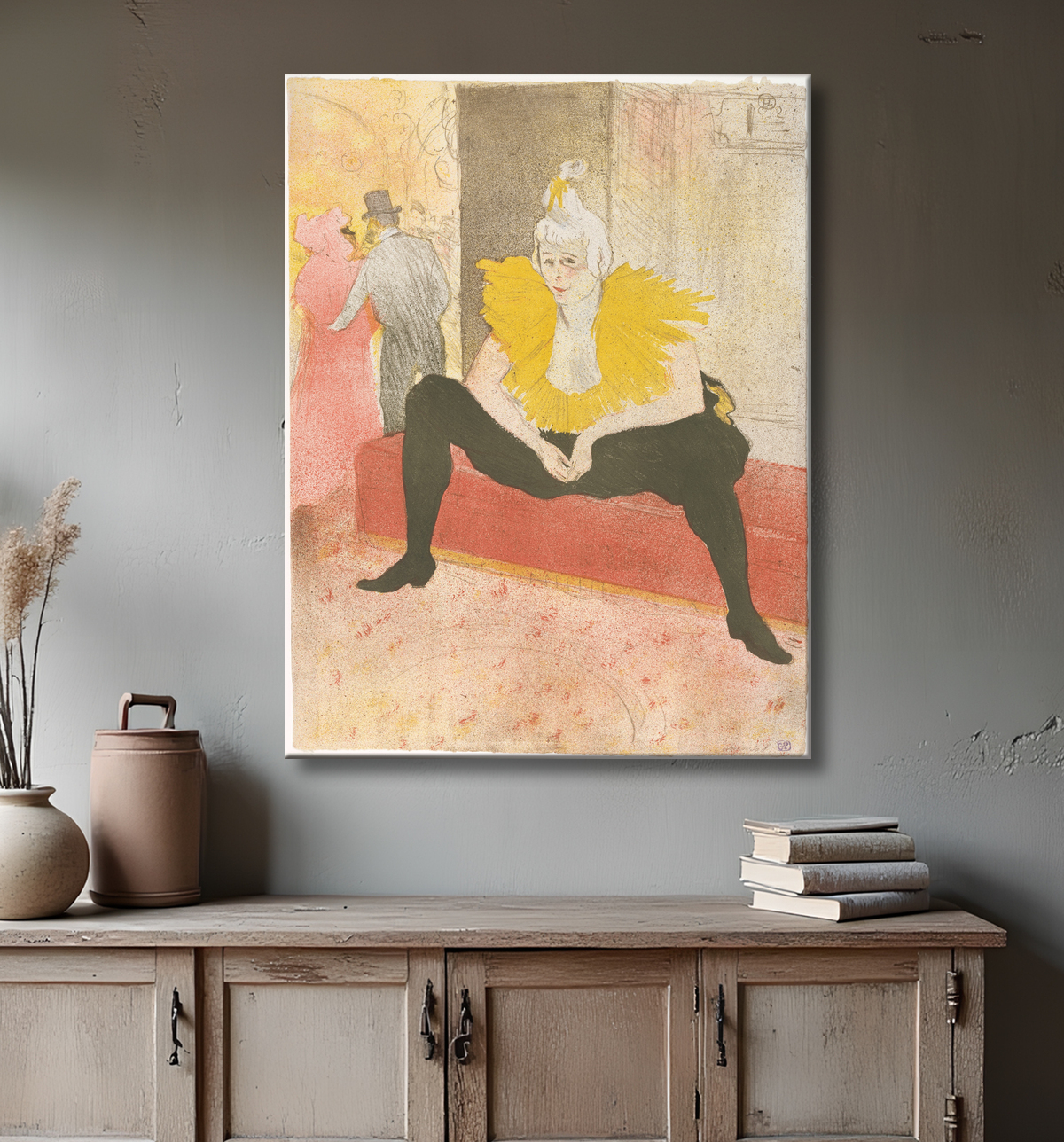 Reproduction La Clowness assise (Mademoiselle Cha-u-ka-o) (de la série Elles) de Henri de Toulouse-Lautrec avec decor