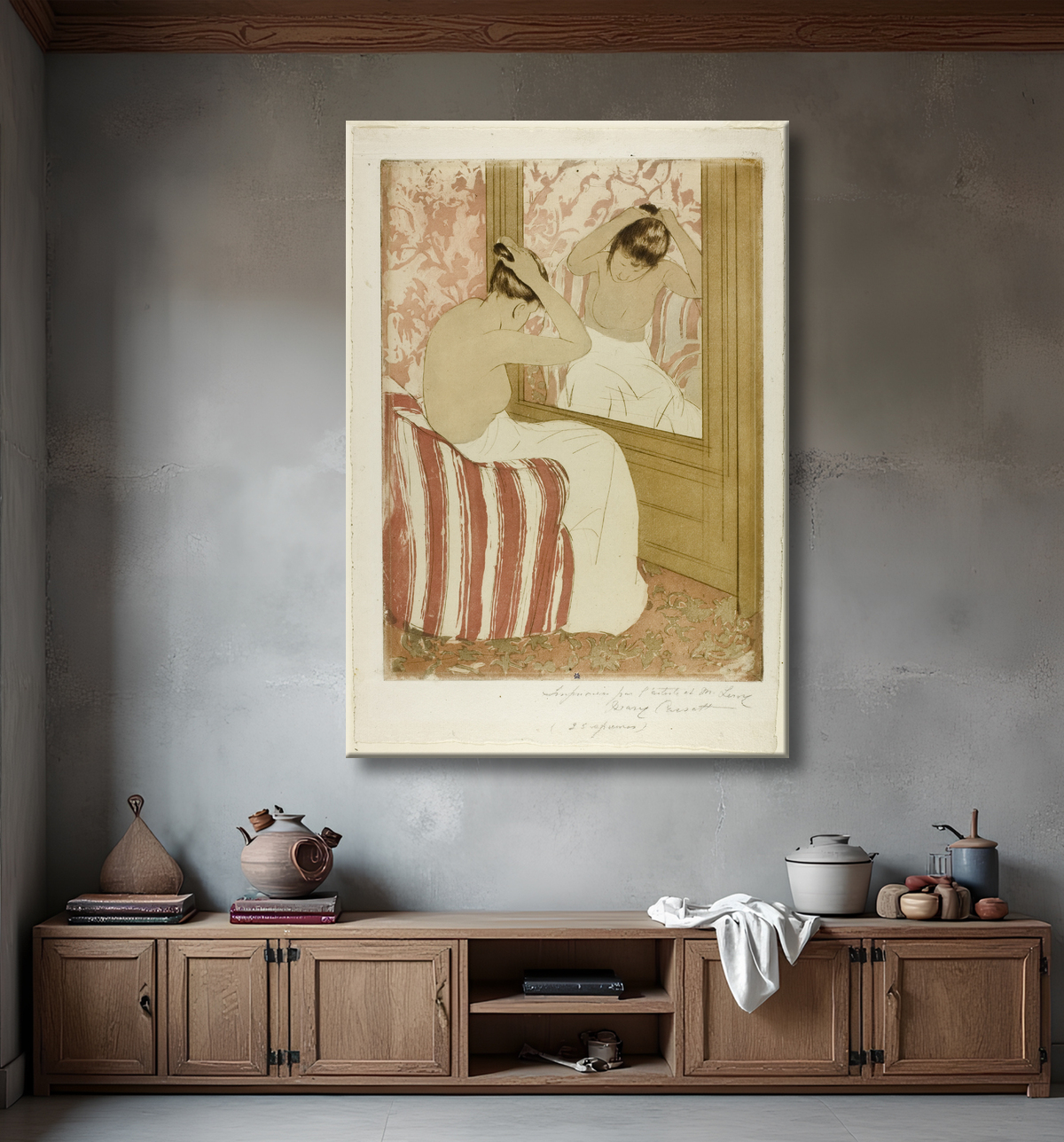 Reproduction La Coiffure de Mary Cassatt avec decor