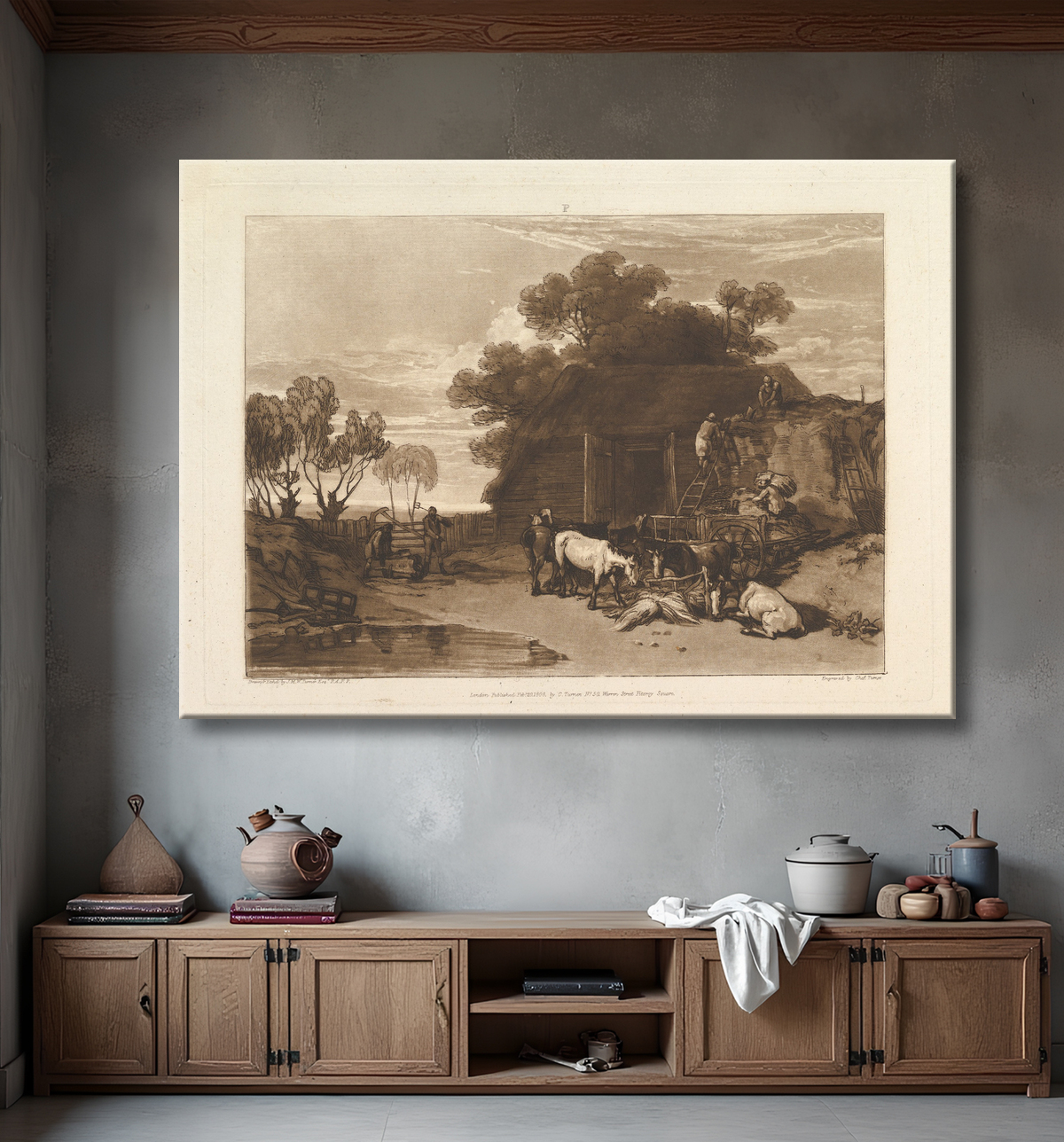 Reproduction La cour de paille (Liber Studiorum, partie II, planche 7) de Joseph Mallord William Turner avec decor