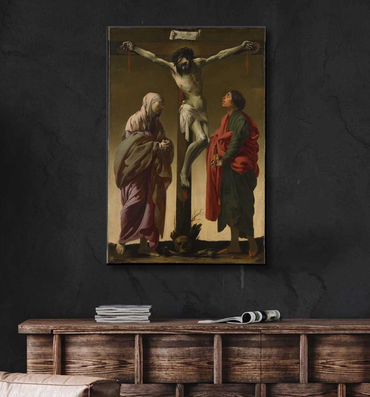 Reproduction La Crucifixion avec la Vierge et Saint Jean de Hendrick ter Brugghen avec decor