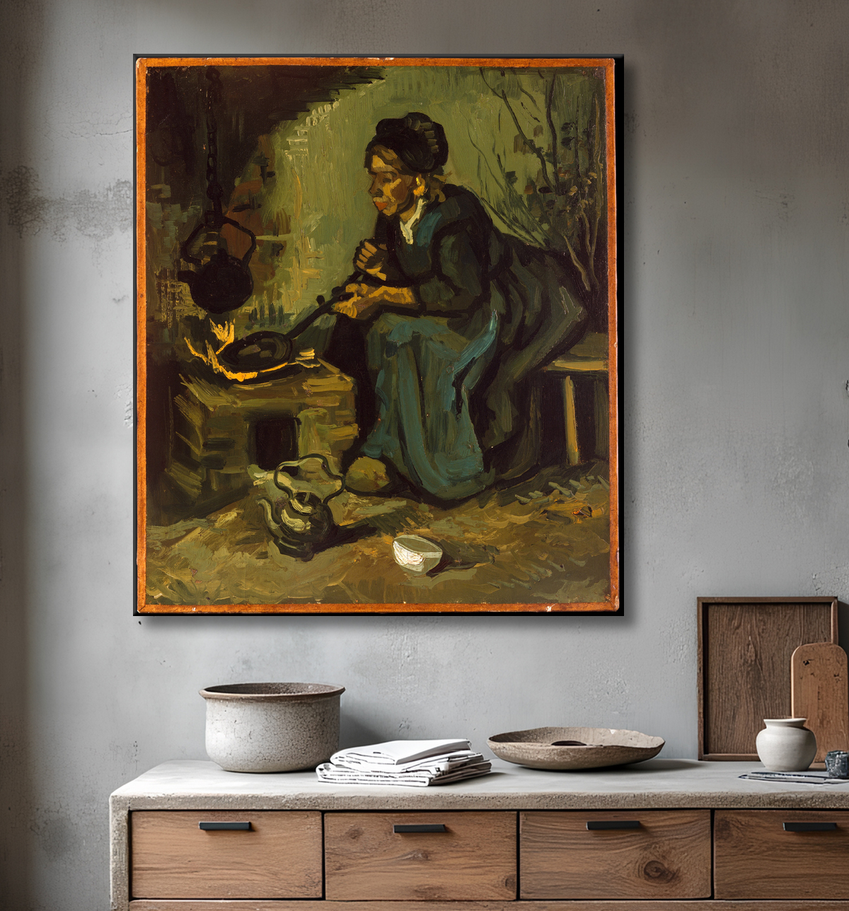 Reproduction La cuisine paysanne par une cheminée de Vincent van Gogh avec decor