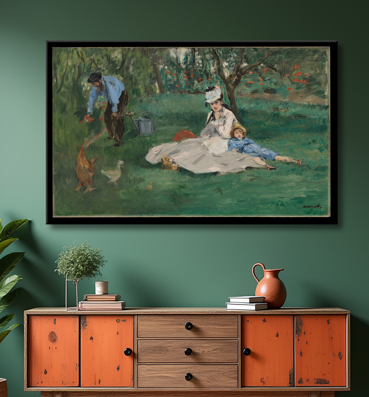 Reproduction La famille Monet dans son jardin à Argenteuil de Edouard Manet avec decor
