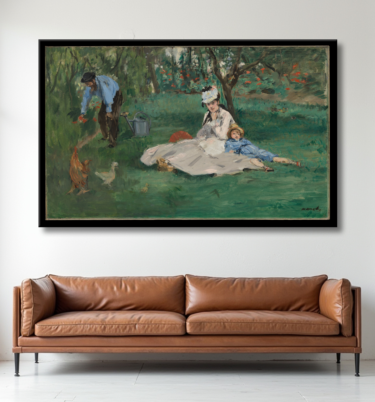 Reproduction La famille Monet dans son jardin à Argenteuil de Edouard Manet avec decor