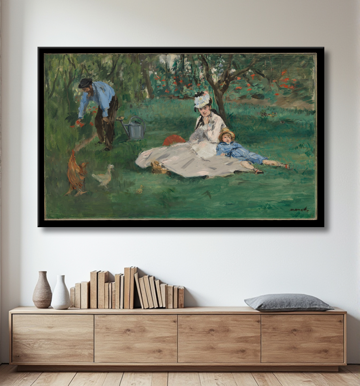 Reproduction La famille Monet dans son jardin à Argenteuil de Edouard Manet avec decor