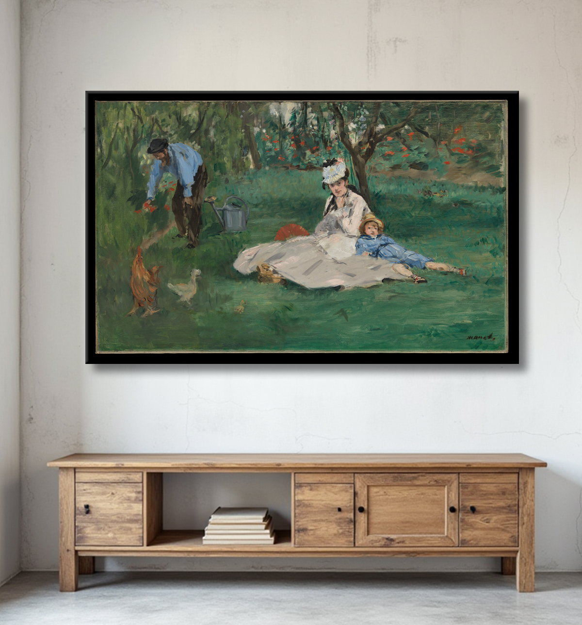 Reproduction La famille Monet dans son jardin à Argenteuil de Edouard Manet avec decor