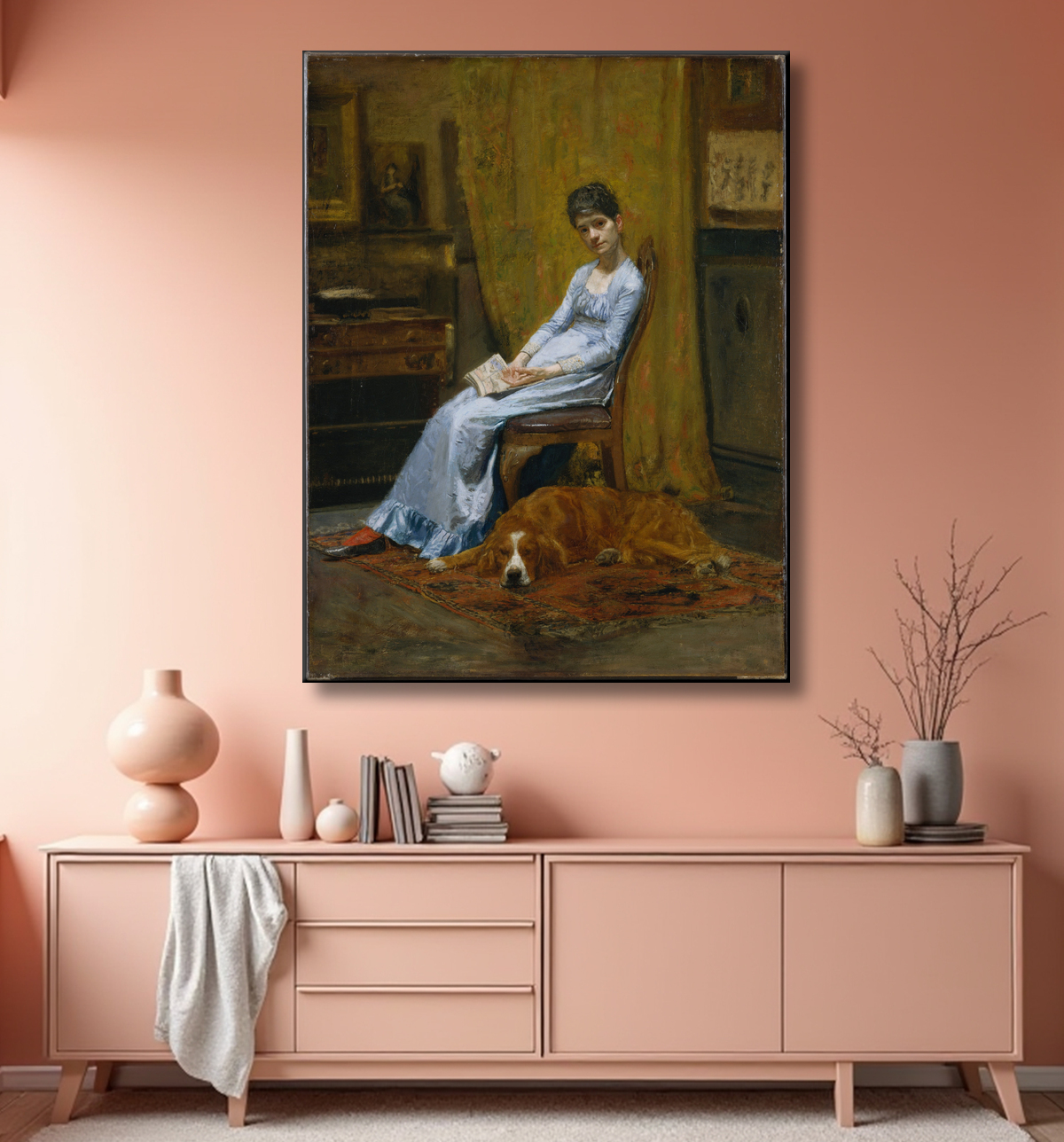Reproduction La femme de l'artiste et son chien setter de Thomas Eakins avec decor