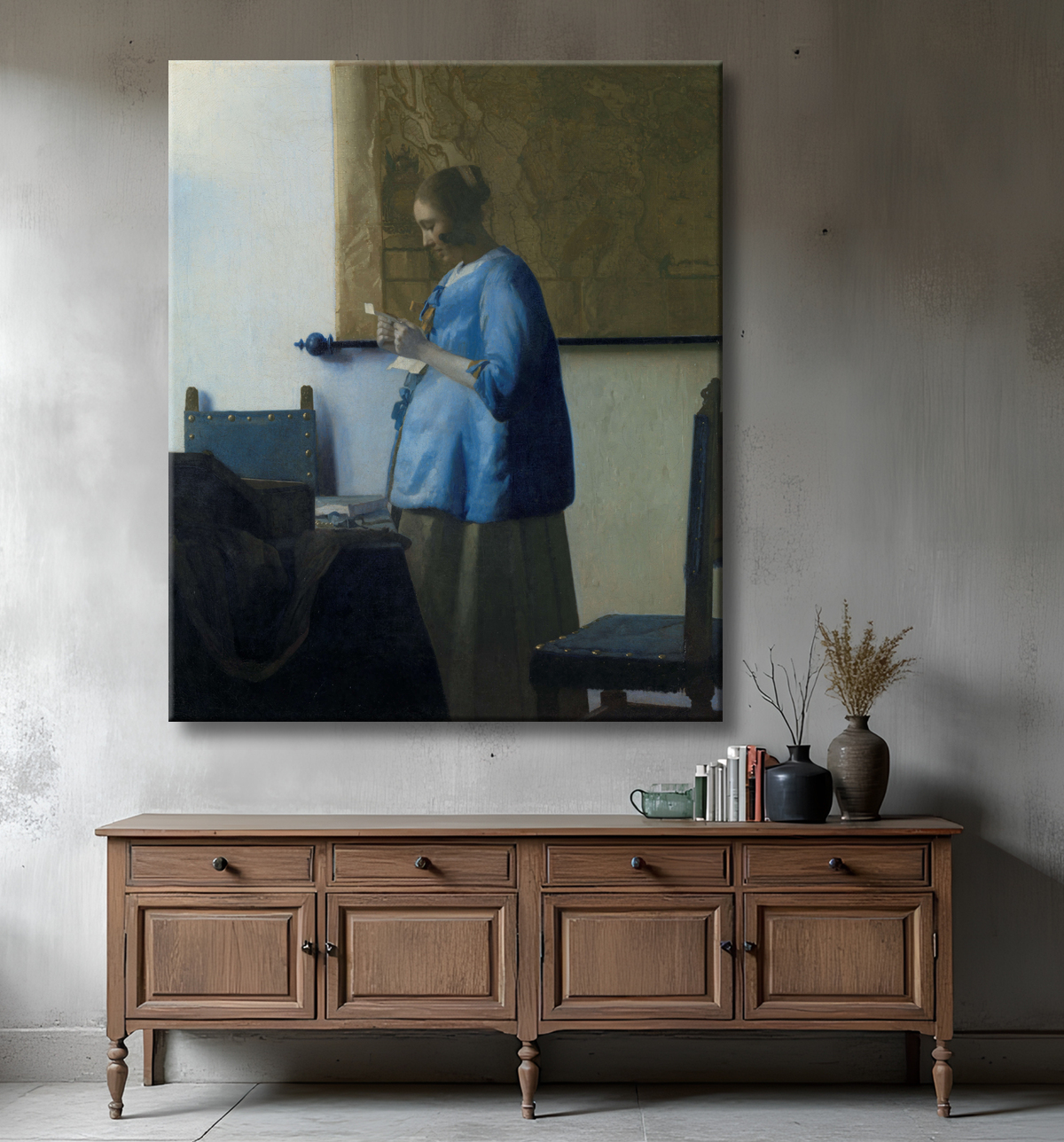 Reproduction La Femme en bleu lisant une lettre de Johannes Vermeer avec decor