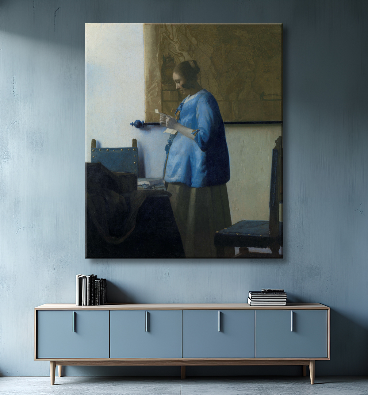 Reproduction La Femme en bleu lisant une lettre de Johannes Vermeer avec decor