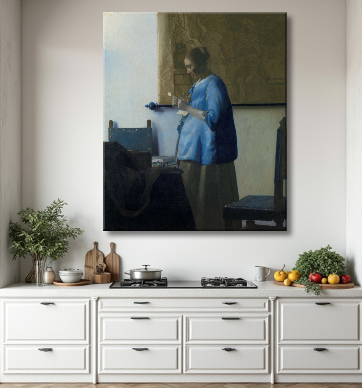 Reproduction La Femme en bleu lisant une lettre de Johannes Vermeer avec decor
