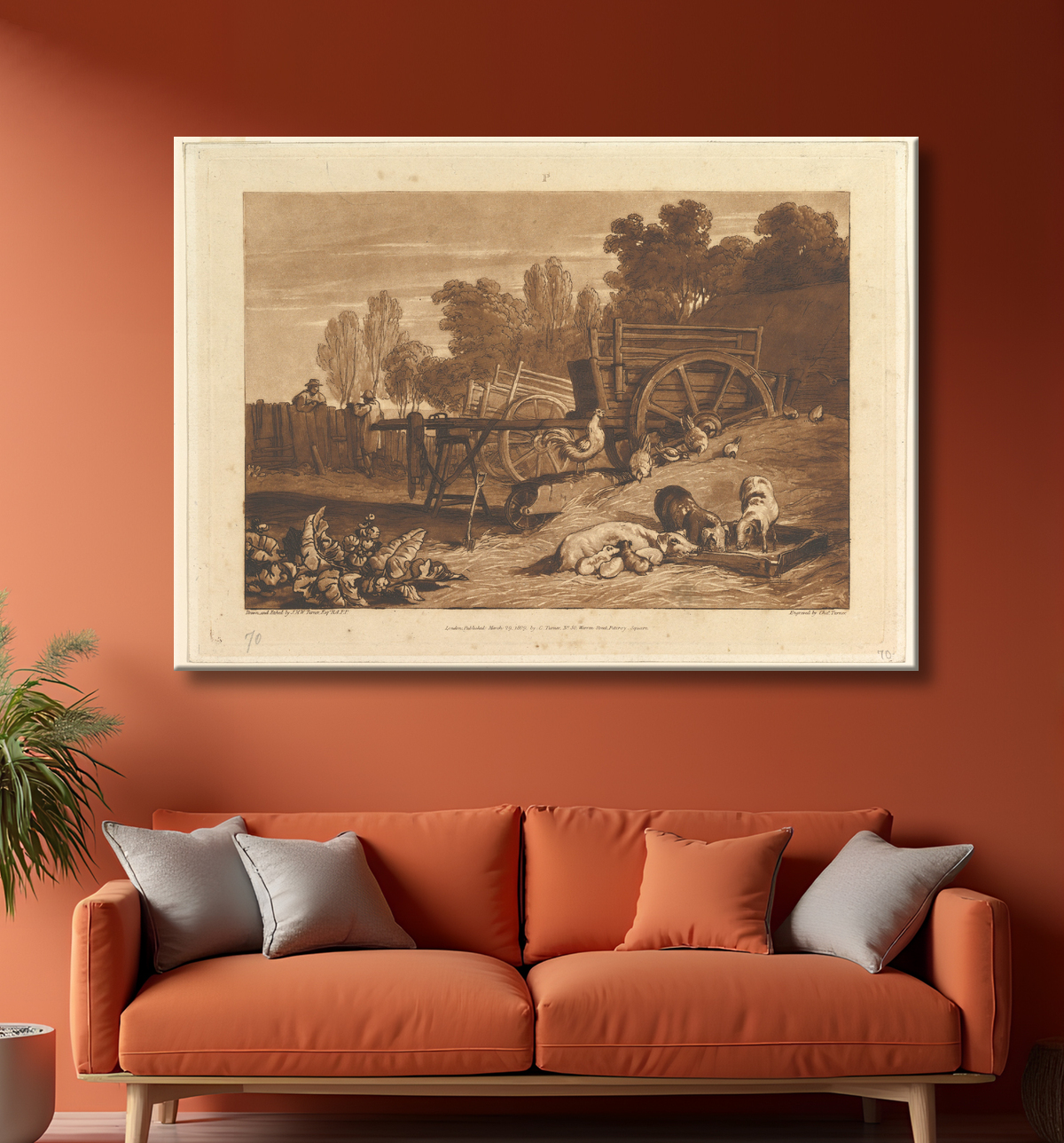 Reproduction La ferme au coq (Liber Studiorum, partie IV, planche 17) de Joseph Mallord William Turner avec decor