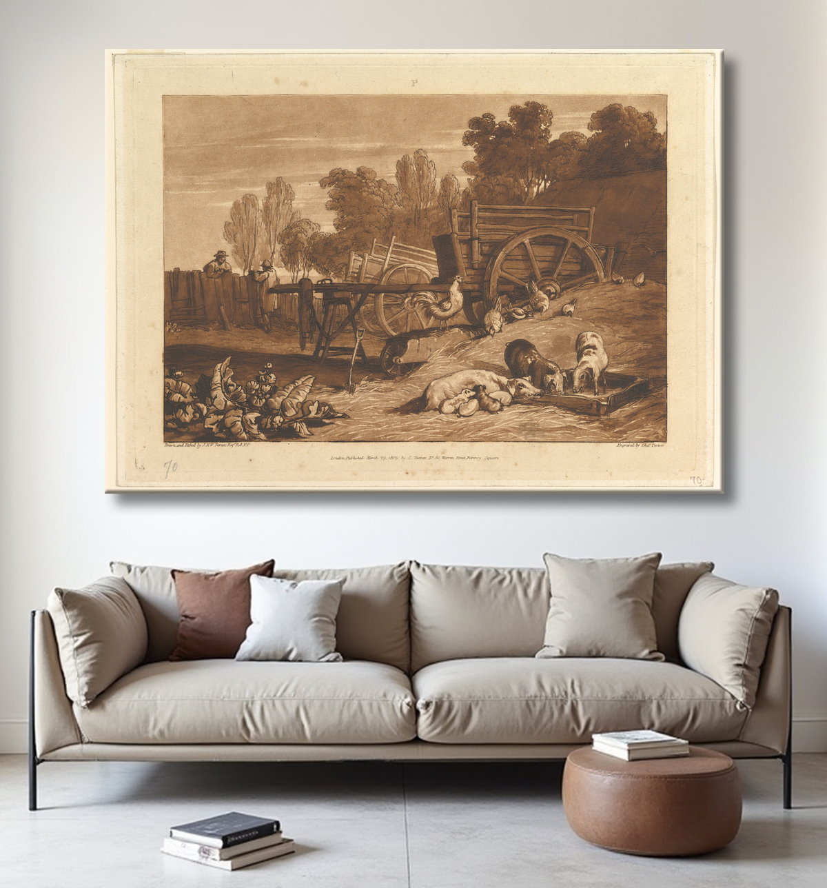 Reproduction La ferme au coq (Liber Studiorum, partie IV, planche 17) de Joseph Mallord William Turner avec decor