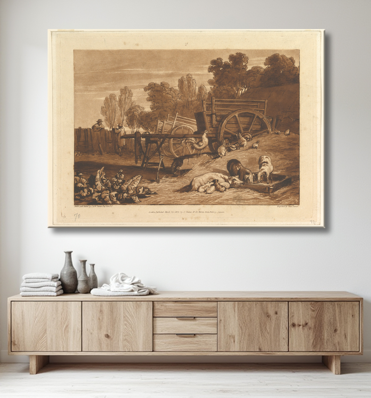 Reproduction La ferme au coq (Liber Studiorum, partie IV, planche 17) de Joseph Mallord William Turner avec decor