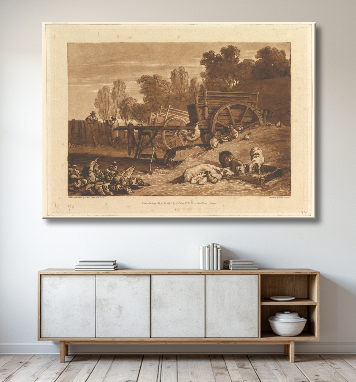 Reproduction La ferme au coq (Liber Studiorum, partie IV, planche 17) de Joseph Mallord William Turner avec decor