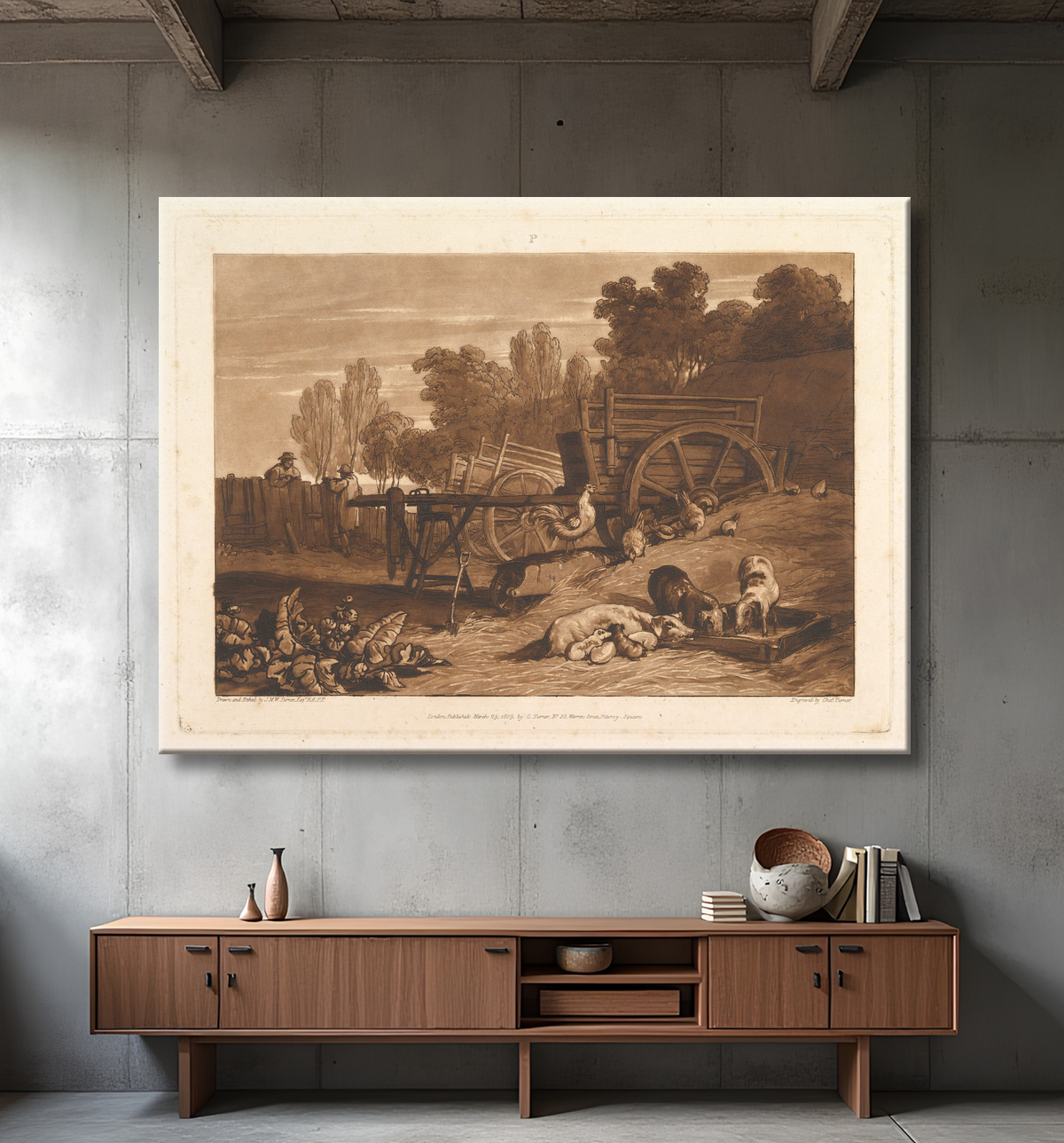 Reproduction La ferme au coq (Liber Studiorum, partie IV, planche 17) de Joseph Mallord William Turner avec decor