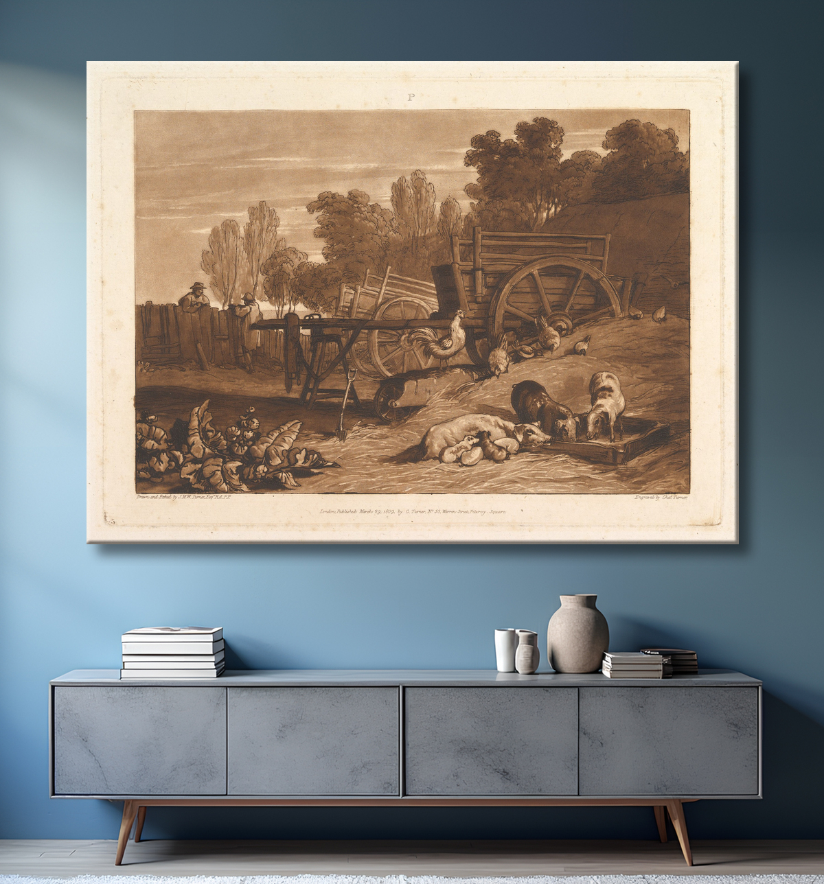 Reproduction La ferme au coq (Liber Studiorum, partie IV, planche 17) de Joseph Mallord William Turner avec decor