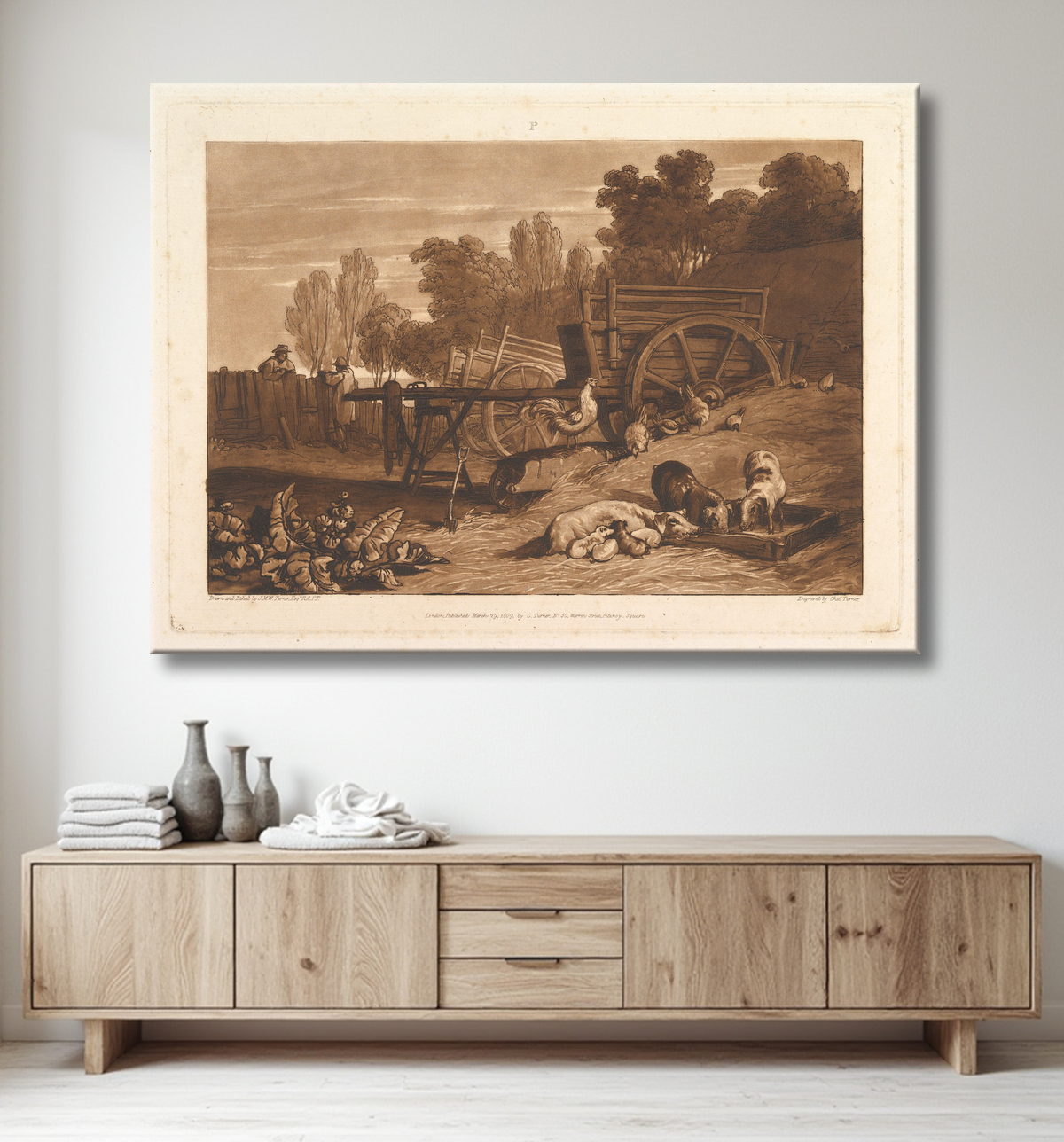 Reproduction La ferme au coq (Liber Studiorum, partie IV, planche 17) de Joseph Mallord William Turner avec decor