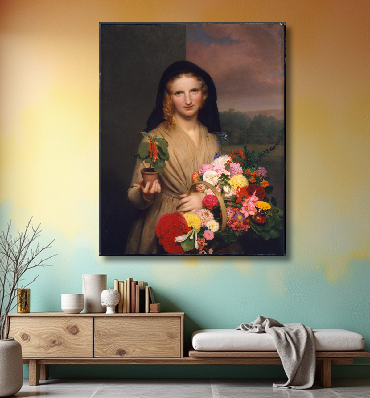 Reproduction La fille aux fleurs de Charles Cromwell Ingham avec decor