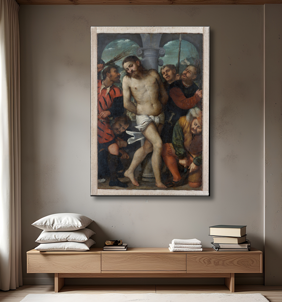 Reproduction la flagellation ; (revers) La Vierge de la Miséricorde de Girolamo Romanino avec decor